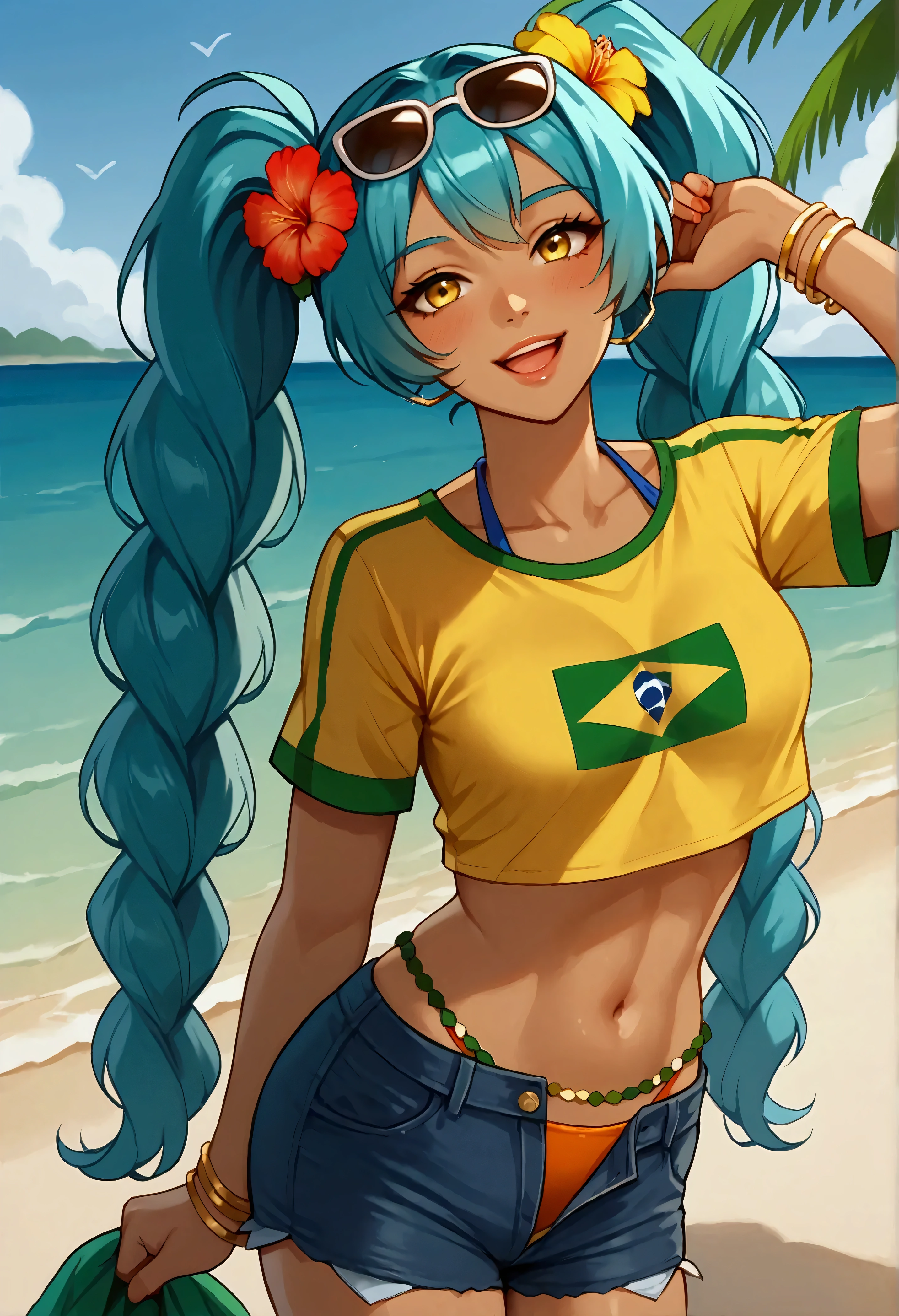 Full quality, HD, 8k, Ultradetailed, beautiful, high detailed, 1 girl, Miku Brazil, Brazilian Miku, seductive eyes, lips, drunke, blushing,smile, open mouth, eyes up,brown skin, fit body, flat busty, blue hair, two very long pigtails, up sunglasses on head, flowers on hair, bikini, yellow tight Brazil t-shirt, tight jeans shorts, Beach, beach day, clear day, sensual pose, taking off her clothes, taking off her t-shirt, undressing, undressing clothes, undressing herself, pov