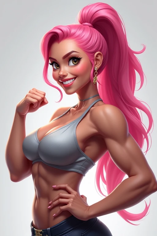 Caucasian woman practicing bodybuilding with long black hair with bangs and a smile on her face