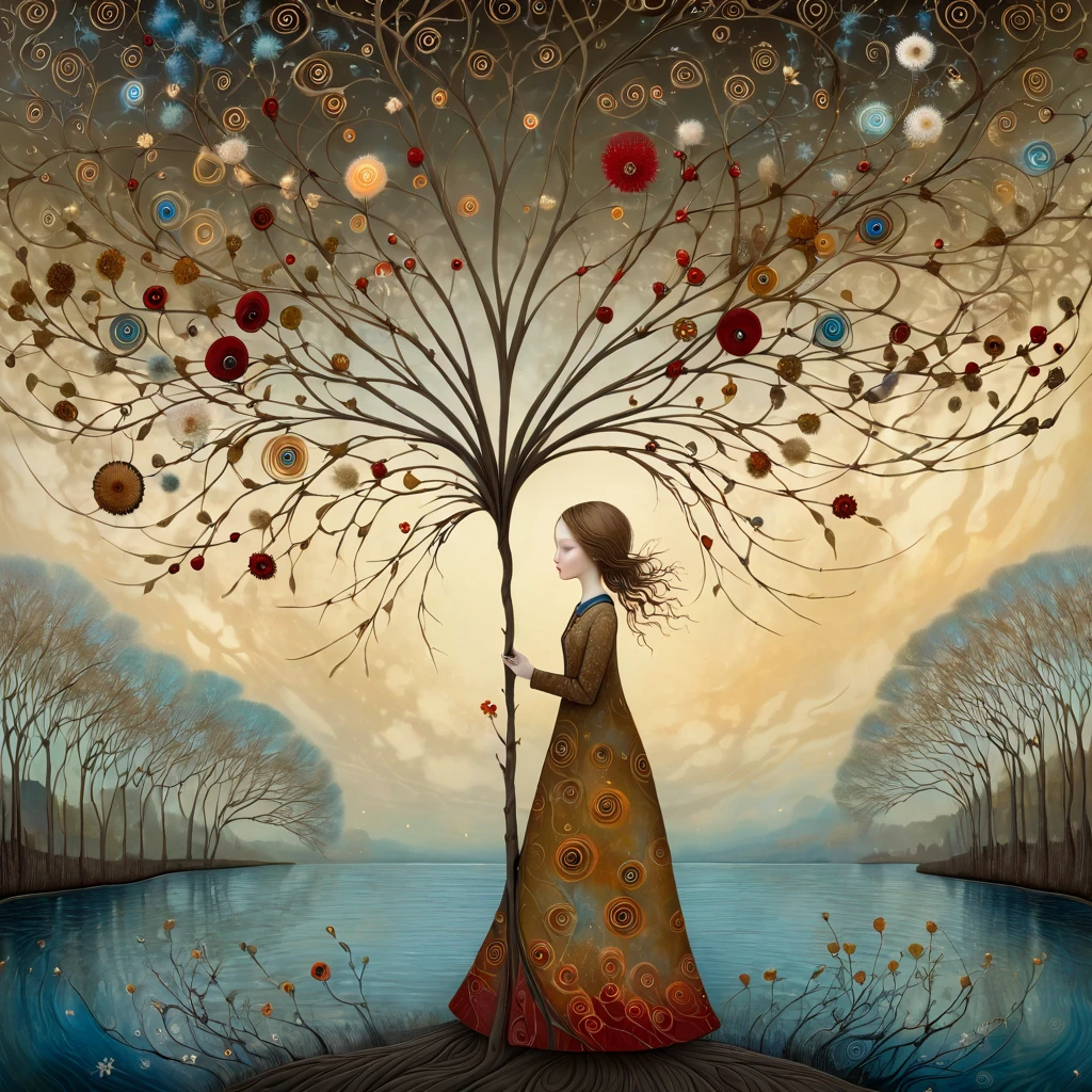 oil and acrylic painting. In the style of Andy Kehoe and Tracy Grimwood, Catrin Welz-Stein, Klimt. Background a tree-lined promenade on the waterfront. (wide shot )of a young woman, soft, sky-blue eyes, with light brown hair, walks by and lets the wind tousle her hair. Twisted trees, branches are transparent blown glass expanding skyward in ellipses. Dandelion blossoms, poppies, pampas grass, cherry blossoms, dried flowers bloom. Disc-shaped polychrome sun buds with marbled spirals, sunbeams like strands of coral, vitrified ambers. Warm colors, ochre yellows, octane colour, shades of red an blu.
