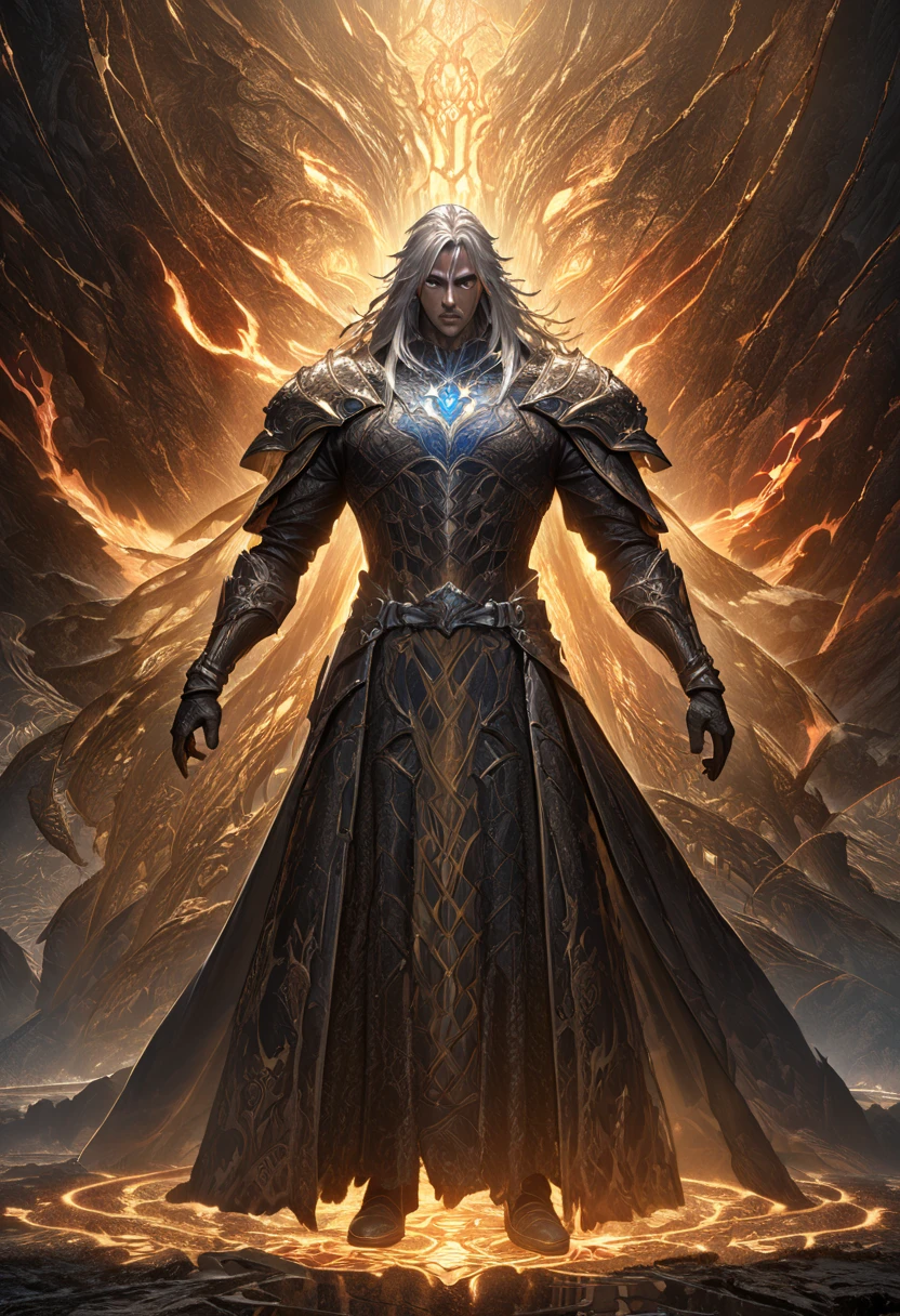 Full-size, full body image Create a highly detailed fantasy portrait of an sorceress fantasy scene featuring a powerful figure standing against a glowing, mystical golden backdrop. image of a tall, ethereal male warrior with long silver hair flowing elegantly and piercing, glowing blue eyes. He has an imposing presence, dressed in a dark, futuristic black leather coat with silver buckles and intricate details on the shoulders and forearms. His muscular build is visible as his attire exposes his toned chest, with faint scars adding to his battle-worn look. The character carries a long, slender katana blade with an ornate handle, glowing subtly as if imbued with otherworldly power. His surroundings are dark and dramatic, set inside a gothic cathedral with tall stained-glass windows casting soft light, creating an eerie yet powerful atmosphere. The character exudes confidence, strength, and a villainous grace, standing in a combat-ready posture while his coat flows naturally. The image should be hyper-detailed, capturing a mix of fantasy and futuristic aesthetics, in a style similar to high-quality anime or fantasy game art, 
The background with a close up of a large red and golden circular portal behind the figure is massive, radiating fiery flame energy with glowing arcane symbols, intricate patterns, and radiant light resembling magical runes etched into the surface. The atmosphere is fiery, with swirling dark clouds, glowing embers, and mystic energy cracks spreading across the ground and sky. The composition blends dark fantasy and high-fantasy flame elements, emphasizing an apocalyptic, magical ambiance with glowing golden and red crimson tones. The environment is a war-torn battlefield, with flowing energy trails and dramatic lighting highlighting the power of the figure, flame spell circle,