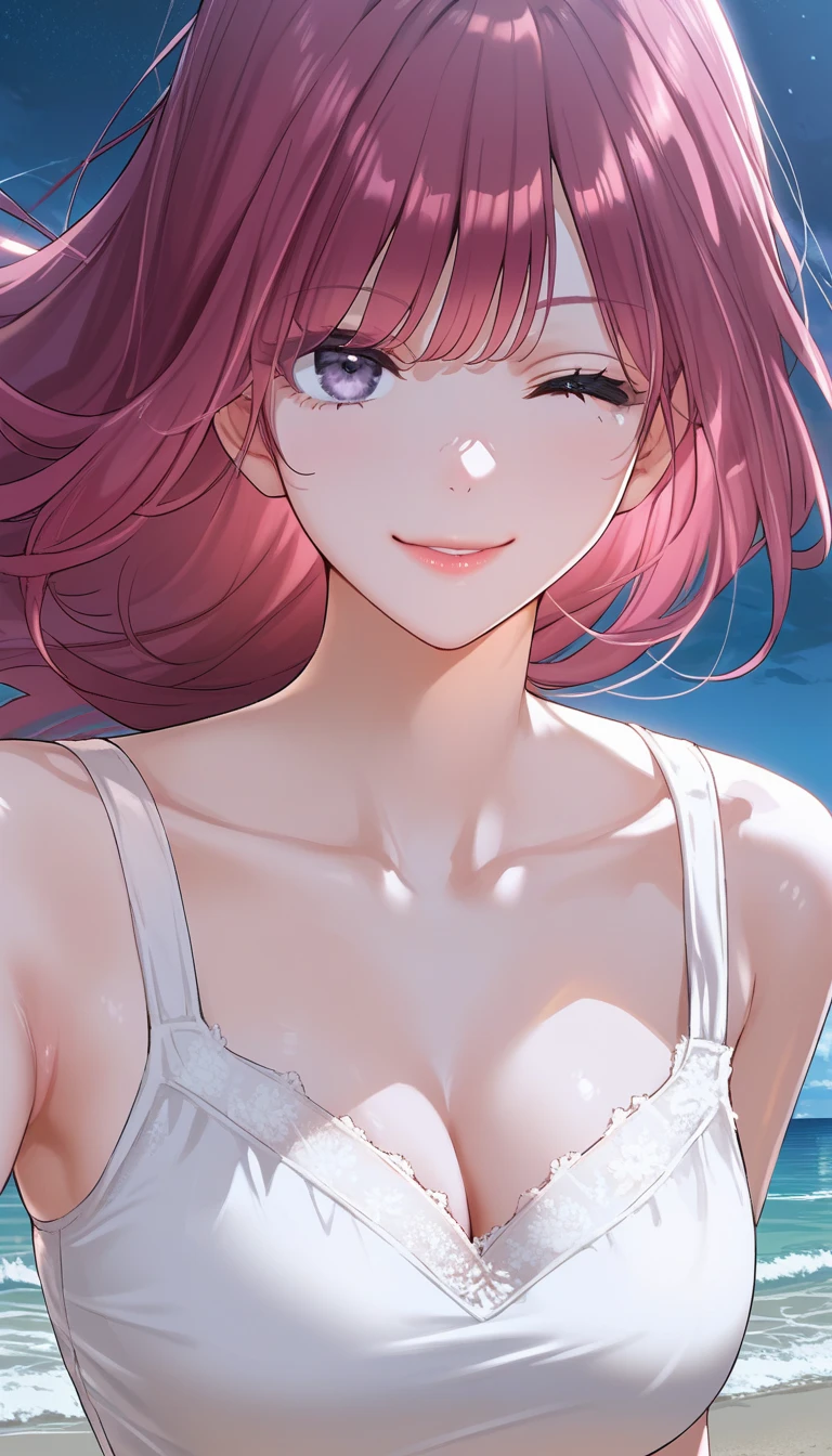 score_9, score_8_up, score_7_up, score_6_up, source_anime, rating_explicit, masterpiece, best quality, amazing quality, 1girl, solo, Yoo Eunhee, long hair, red hair, purple eyes, purple hair, grey eyes, pink hair, floating hair, (collarbone, cleavage, white dress, sleeveless dress, short dress), beautiful eyes, looking at viewer, wink, smile, close mouth, medium breast, tight, cowboy shot, detailed background, night, beach, sea, wind breeze