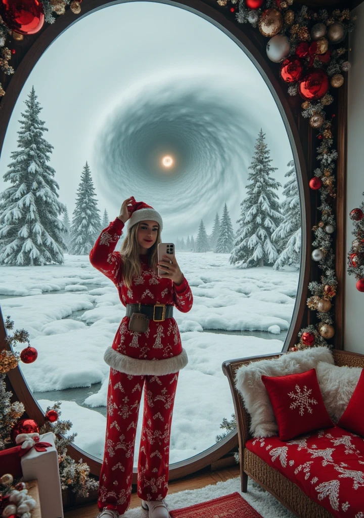 surreal design, landscape of a (woman selfie in a cozy surrounding:1.2) and Zulu Icy tundra, trees, Hurricane, soft light, F/2.8, aidmaChristmasOutfit