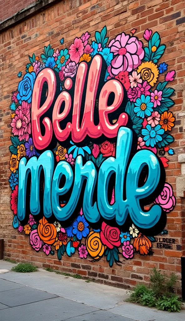 Un graffiti, avec une typographie artistique, avec des dessins de fleurs, style cartoon, sur un mur en brique ou il y à écrit "Belle merde" 