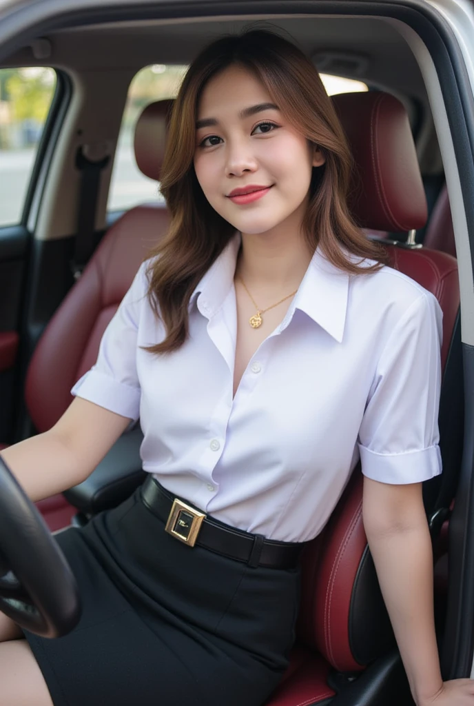 captures full body of a beautiful thai woman 20 years old with long brown natural loose hair and light skin, slender, medium breasts, gold necklace , glamorous smiling. She is wearing cleavage white collared shirt short sleeves, belt, short black pencil skirt  , university uniform. She sit on driver's seat. The car interior is black with red leather seats. The background is slightly blurred, drawing focus to the subject. The lighting appears natural, possibly from window. side view