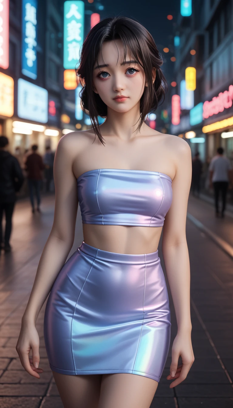    a detailed and beautiful portrait of a **-****-*** Japanese girl,   medium breasts, with healthy appearance , sexy expression,      tight clothes  , Bold pose,     detailed embroidery    ,  belly out , Tube top,   high quality, 8k,     realistic photo  ,    dramatic lighting ,     vivid colors    ,(    masterpiece    ,      top quality    ,  :1.2),  (   cyberpunk urban scene illuminated by neon lights   ), (Alone:1.4), (      Elegant and cool   ),     Bright neon details     :1.3), (  serious expression    :1.1) ,      Confident and relaxed poses       :1.3),    holographic tight skirt for outdoor use    , (    dynamic lighting    ,   Strong contrast, bare arms, happiness, sexy clothes,   sexy underwear  ,    full body,  Mitsuri Kanroji, character clothing style ,  character visual style  
