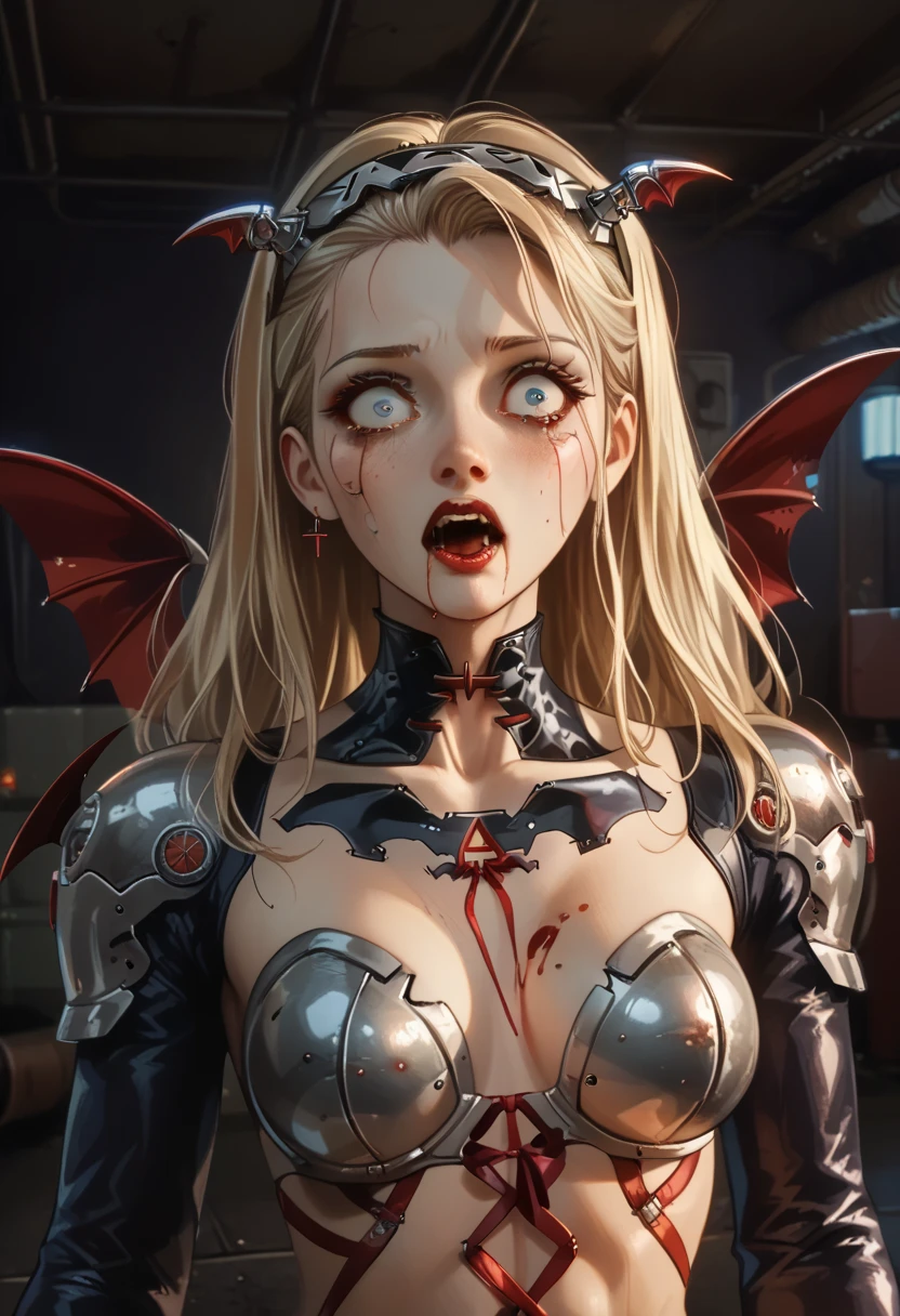  American plane,  blonde vampire girl ((detallada)),  scared , Ojos rojos (detailed), Has a headband,  futuristic armor ,  vampire cyberpunk , corset armor ,  dystopic future , Vampire wings ,  blood on her face, lost look ,  dark cyberpunk background ,  lighting light dark, mysterious