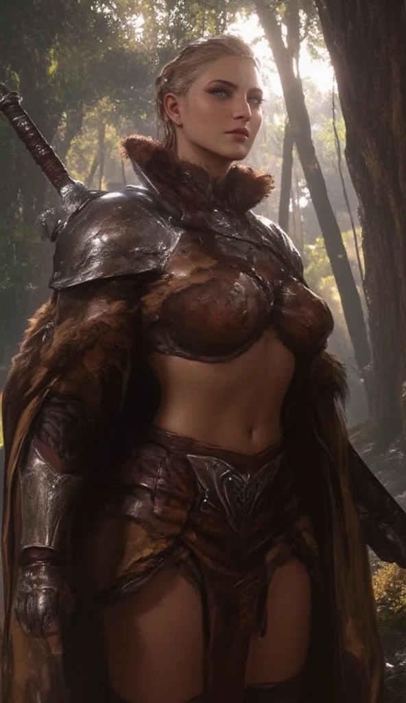 NSFW, naked, nude, naked pussy,((masterpiece, Best Quality)), Leliana from Dragon Age, (high detailed leather), legs, (seductive expression:1.2), various poses, fantasy forest background, (HD, 8K Wallpaper, High resolution), cinematic lighting,  intense sunlight, physically based rendering, awarded, extremely detailed skin, Extra detailed face, high detail eyes, Carl Zeiss 85 mm F/1.4, by Ellen von Unwerth