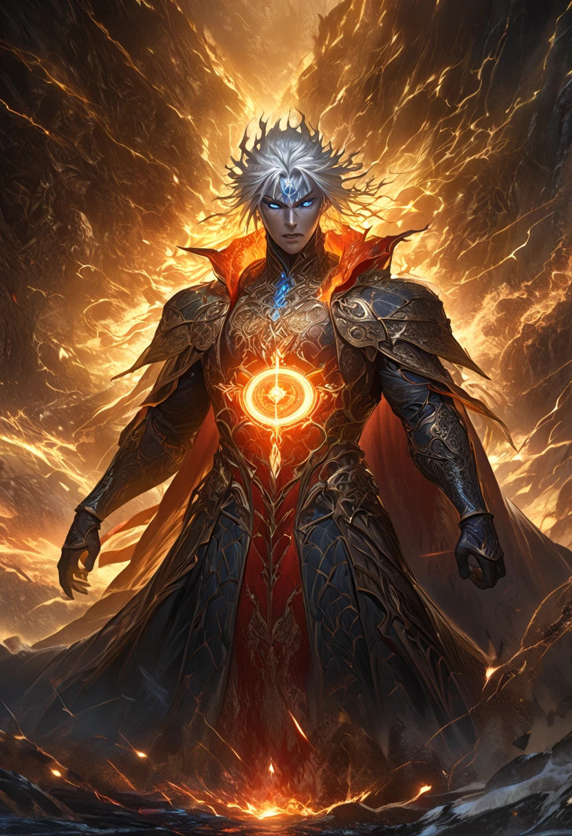 Full-size, full body image Create a highly detailed fantasy portrait of an sorceress fantasy scene featuring a powerful figure standing against a glowing, mystical golden backdrop. image of a tall, ethereal male warrior with long silver hair flowing elegantly and piercing, glowing blue eyes. He has an imposing presence, dressed in a dark, futuristic black leather coat with silver buckles and intricate details on the shoulders and forearms. His muscular build is visible as his attire exposes his toned chest, with faint scars adding to his battle-worn look. The character carries a long, slender katana blade with an ornate handle, glowing subtly as if imbued with otherworldly power. His surroundings are dark and dramatic, set inside a gothic cathedral with tall stained-glass windows casting soft light, creating an eerie yet powerful atmosphere. The character exudes confidence, strength, and a villainous grace, standing in a combat-ready posture while his coat flows naturally. The image should be hyper-detailed, capturing a mix of fantasy and futuristic aesthetics, in a style similar to high-quality anime or fantasy game art, 
The background with a close up of a large red and golden circular portal behind the figure is massive, radiating fiery flame energy with glowing arcane symbols, intricate patterns, and radiant light resembling magical runes etched into the surface. The atmosphere is fiery, with swirling dark clouds, glowing embers, and mystic energy cracks spreading across the ground and sky. The composition blends dark fantasy and high-fantasy flame elements, emphasizing an apocalyptic, magical ambiance with glowing golden and red crimson tones. The environment is a war-torn battlefield, with flowing energy trails and dramatic lighting highlighting the power of the figure, flame spell circle,