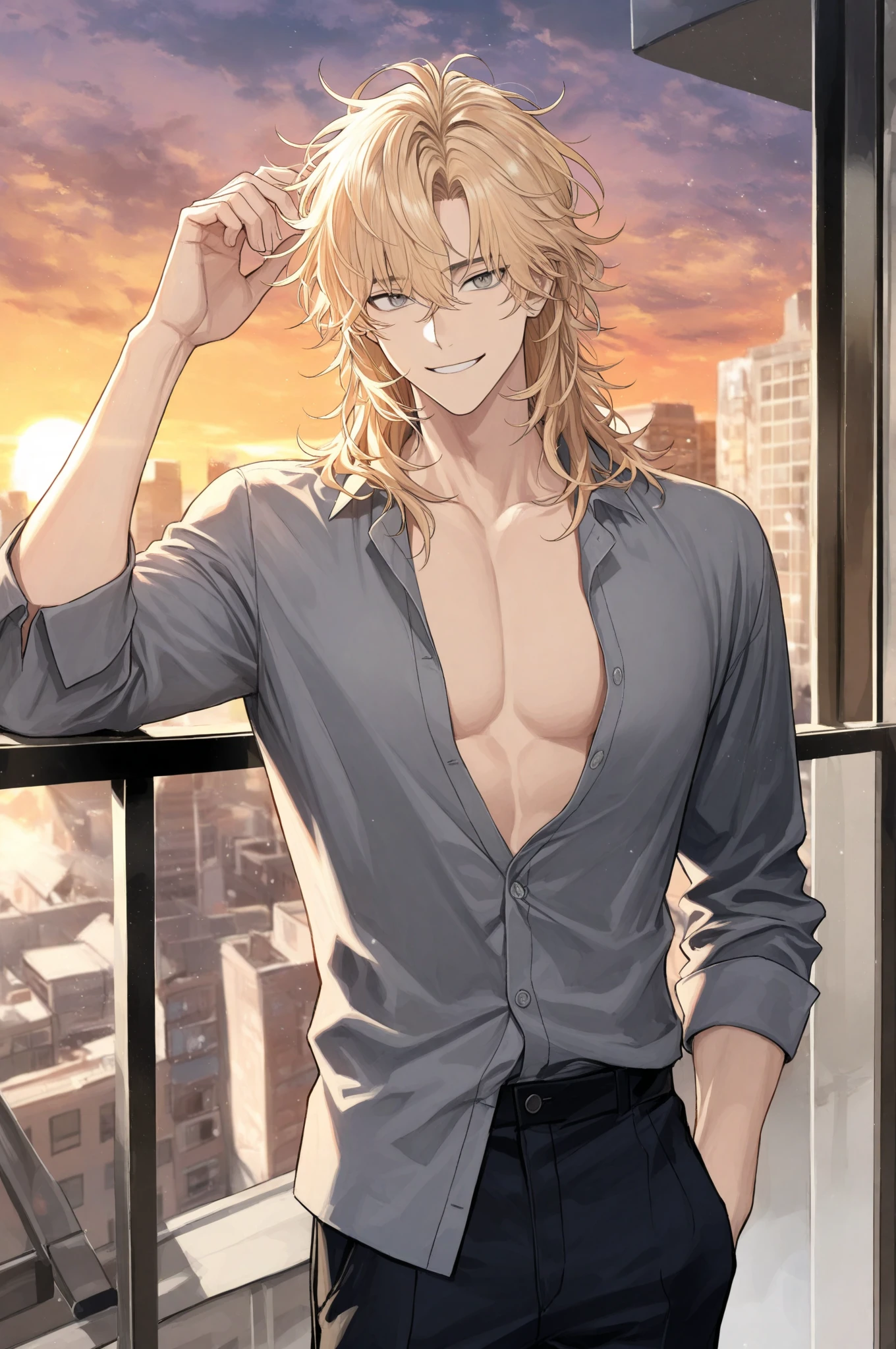oshinoMeme, masterpiece, best quality, absurdres, 1boy, man, mature, blonde hair, rooftop, cityscape, night, (shadow:1.2), cross necklace, cross earrings, goatee, hawaiian pink open shirt, six pack abs, upper body, serious, hands in pockets, hand in pocket,
