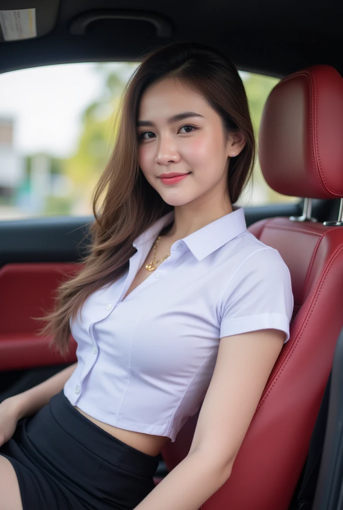 captures full body of a beautiful thai woman 20 years old with long brown natural loose hair and light skin, slender, medium breasts, gold necklace , glamorous smiling. She is wearing cleavage white collared shirt short sleeves  revealing huge breasts, belt, short black pencil skirt  , university uniform. She sit on driver's seat. The car interior is black with red leather seats. The background is slightly blurred, drawing focus to the subject. The lighting appears natural, possibly from window. side view