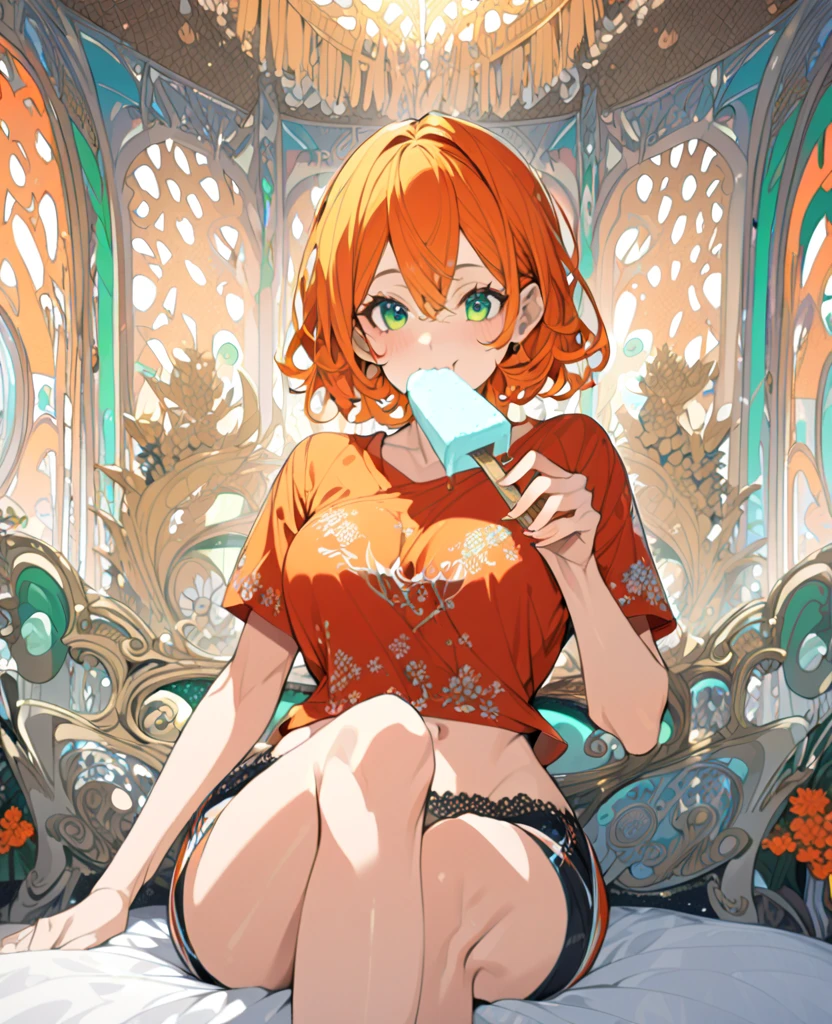 Masterpiece, ultra detailed, best quality, illustrations, detailed Beautiful anime girl, detailed bedroom scenery, sitting, eating an vanilla ice-cream, detailed orange hair, short hair, detailed beautiful face, detailed green eyes, detailed sweet look, detailed breast, crooped red t-shirt, detailed stomach, black short.nami, 