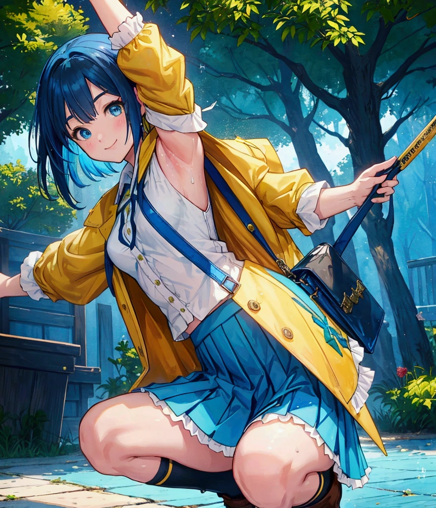 oil painting, Like a game cover、background（Skillfully expressing the effects of light and shadow、Blue and yellow contrast ）、 pose（ raise your hands to show your sweaty armpits、 squats）、 character （Tree Eyes,Sparkling blue eyes、smile）、Hairstyle（ medium hair,  black and blue hair）、clothing（ white shirt and light blue ruffle skirt）、item（ yellow-brown shoulder bag with a green coat）、scene（whole body）