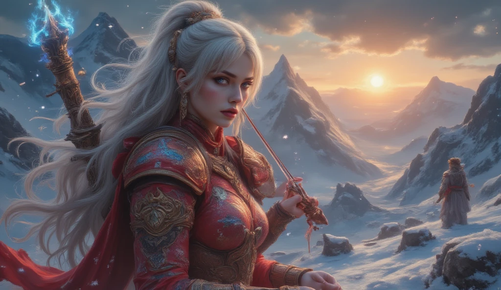  Masterpiece, 8K, HDR-10, 3D,  better quality,  photograph,  analog style , real life,  highly detailed Japanese red armor , ( highly detailed ,  intricately detailed), ( highly detailed  skin), (ojos  seductivees),  an image of (1 woman), playing a violin, extremely beautiful , long white hair, purple eyes,  thin red lips ,  half-open lips, ( seductive)  looking at the spectator , blue flames,  shiny weapon ,  particles of light ,  wallpaper,  chromatic aberration , On a snowy mountain , Snowing,  sunset sun 