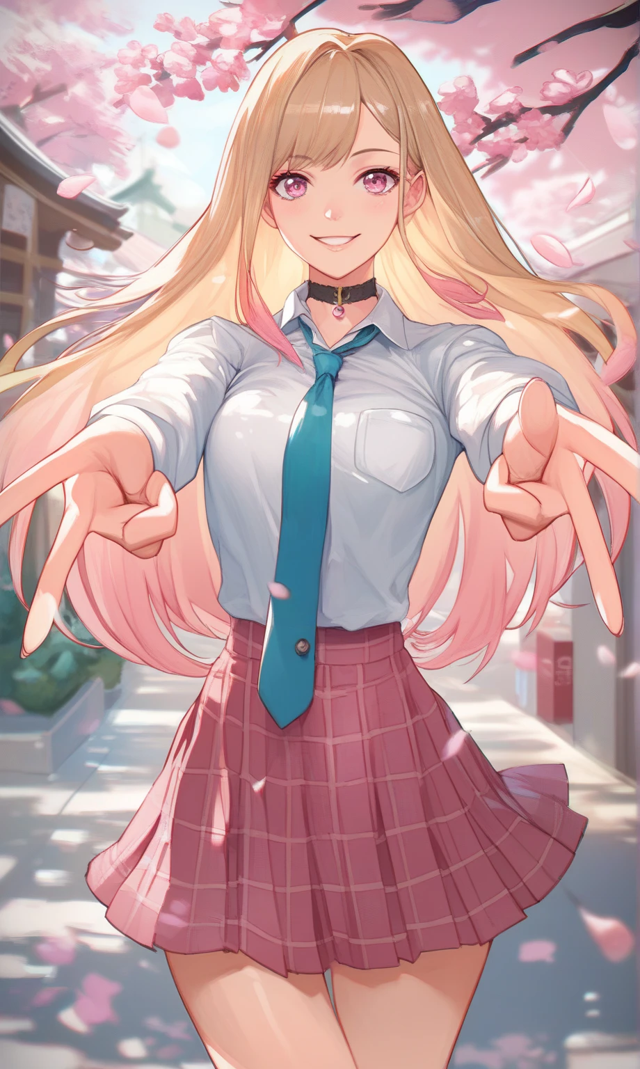 score_9, score_8_up, score_7_up, source_anime, 1girl, solo, outdoors, street, cherry blossoms, cowboy shot, looking at viewer, shiny skin, looking at viewer, standing, double v, outstretched arms, kitagawa_marin, pink eyes, blonde hair, long hair, gradient hair, choker, collared shirt, bracelet, long sleeves, blue necktie, blue skirt, plaid skirt, pleated skirt