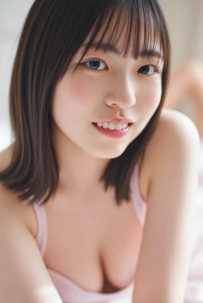 (((top-down configuration:1.4))), (best quality:1.4), (ultra highres:1.2), (photorealistic:1.4), (16k, RAW photo:1.2), (portrait shot:1.3), professional lighting, Japanese goddess, gravure, detailed face and skin texture, detailed eyes, looking at camera, beautiful eyes, detailed eyes, beautiful face, detailed face, nsfw, (highest quality), glowing skin, (smooth lighting:1.2), (cinema lighting:1.2), ((smile:1.5)), (black hair), (medium hair), ((topless:1.5)), (medium breasts:1.3), ((pink nipples:1.3)), (underboobs:1.2), slim, slender, ((bottomless:1.3)), (public hair:1.3), ((bare tights:1.3)), (bare legs, bare feet), ((lying on back:1.2)), (lying on bed), (close legs:1.3), arms up