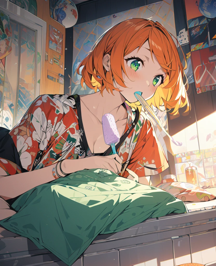 score_9,score_8_up,score_7_up, source_anime,Masterpiece, ultra detailed, best quality, illustrations, detailed Beautiful anime girl,bedroom background, detailed bedroom scenery, sitting, eating an vanilla ice-cream, detailed orange hair, short hair, detailed beautiful face, detailed green eyes, detailed sweet look, detailed breast, crooped red t-shirt, detailed stomach, black short.nami, colarbone, blush, seducative