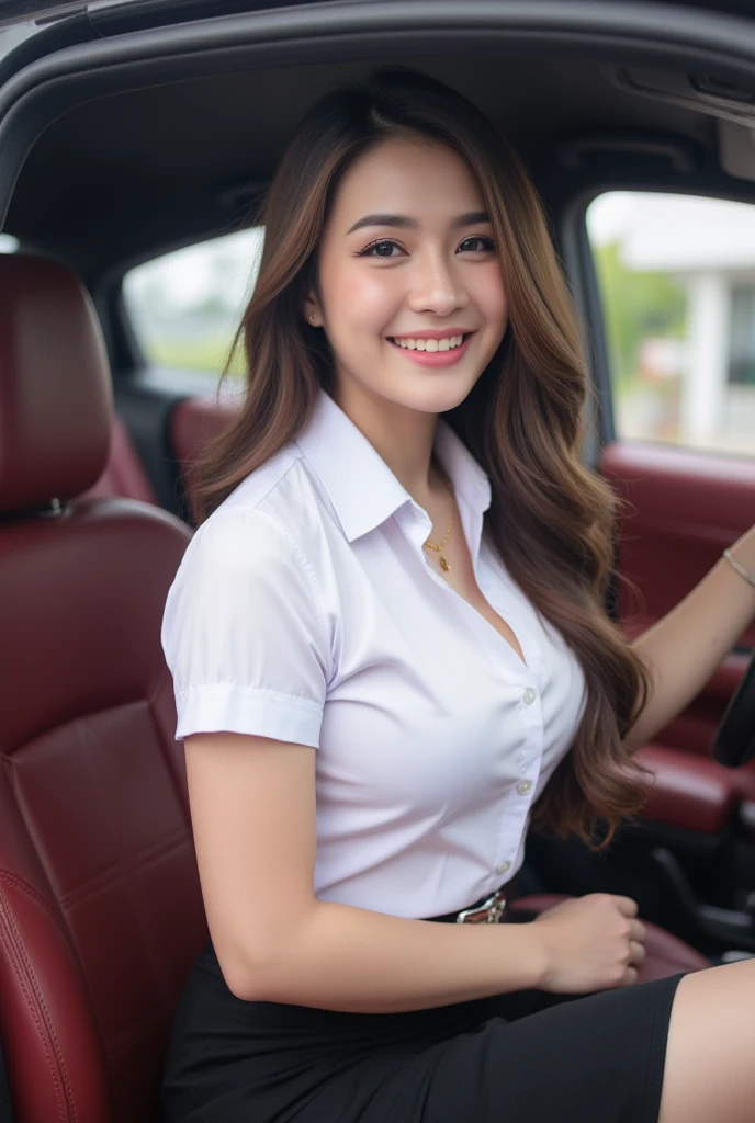 captures full body of a sexy thai woman 20 years old with long brown natural loose hair and light skin, slender, medium breasts, gold necklace , glamorous smiling. She is wearing cleavage white collared shirt short sleeves , belt, short black pencil skirt  , university uniform. She sit on driver's seat. The car interior is black with red leather seats. The background is slightly blurred, drawing focus to the subject. The lighting appears natural, possibly from window. side view