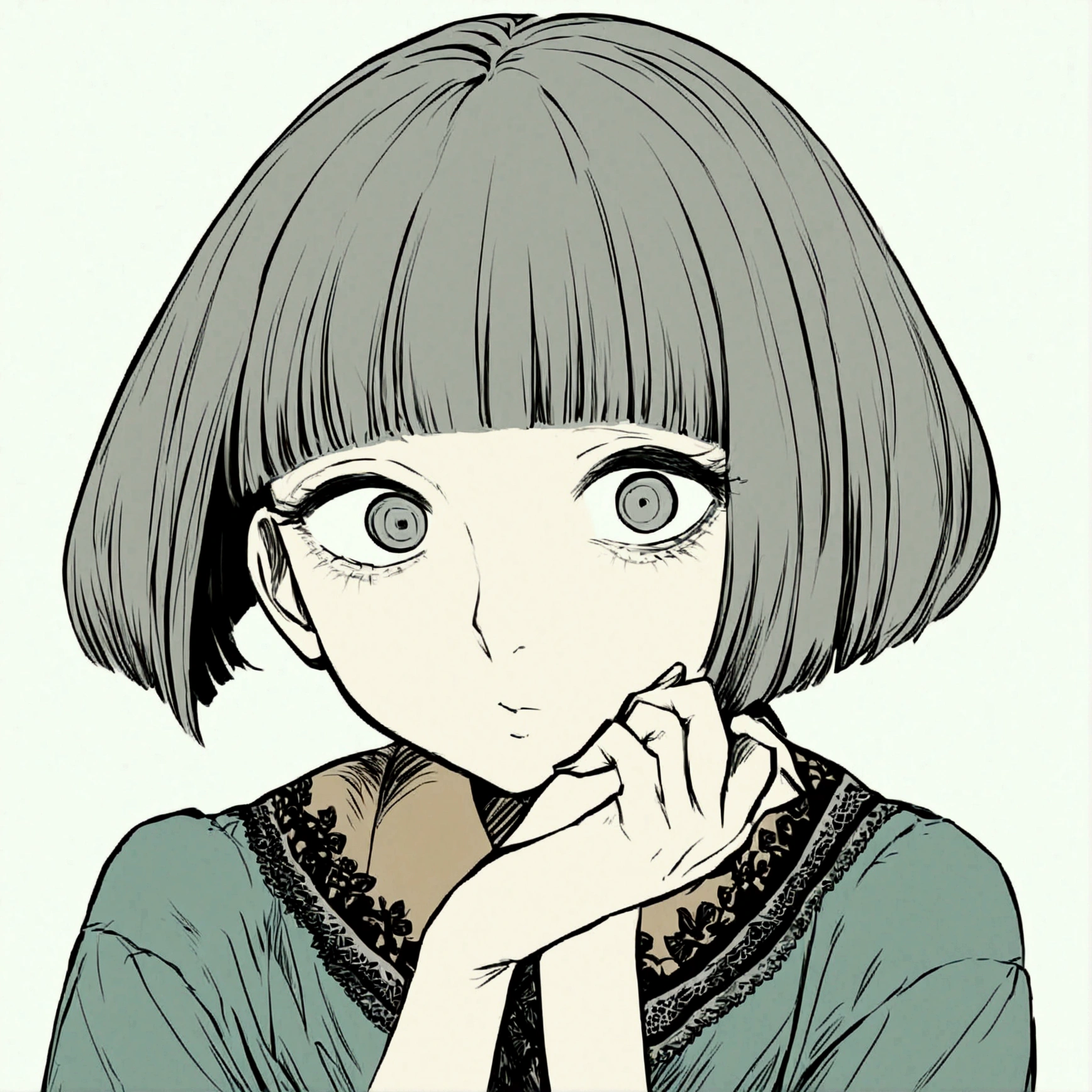 manga style, cute girl, bob hair, blunt bangs, stinking  eyes, chin resting on hands, wind, dull color image, ultra detailed, absolutely resolution, masterpiece