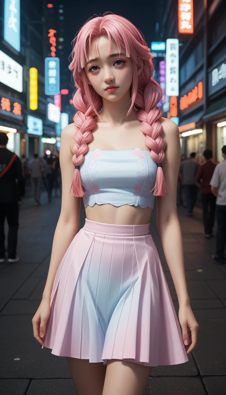      a detailed and beautiful portrait of a 16-year-old Japanese girl,    medium breasts, with healthy appearance , sexy expression,       tight clothing  , Bold pose,      detailed embroidery     ,  belly out , Tube top,    high quality, 8k,      realistic photo   ,     dramatic lighting ,      vivid colors     ,(     masterpiece     ,       top quality     ,  :1.2),  (     cyberpunk urban scene illuminated by neon lights     ), (Alone:1.4), (       Elegant and cool    ),      Bright neon details      :1.3), (   serious expression     :1.1) ,       Confident and relaxed poses        :1.3),      holographic tight skirt for outdoor use      , (     dynamic lighting     ,   Strong contrast, bare arms, happiness, sexy clothes,    sexy lingerie   ,     full body,   Mitsuri Kanroji,   character clothing style   ,  character visual style ,  She has long, light pink hair that turns into lime green halfway ,  that she wears in three thick braids .  She has five shorter, irregular tufts hanging over her face like a voluminous fringe,  the tips are lime green also ,  Demon Exterminator standard uniform outfit along with a plain white haori 
