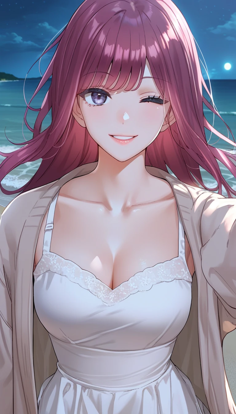 score_9, score_8_up, score_7_up, score_6_up, source_anime, rating_explicit, masterpiece, best quality, amazing quality, 1girl, solo, Yoo Eunhee, long hair, red hair, purple eyes, purple hair, grey eyes, pink hair, floating hair, (open brown cardigan, long sleeves, collarbone, cleavage, white dress, sleeveless dress, short dress), beautiful eyes, looking at viewer, wink, smile, close mouth, medium breast, tight, (cowboy shot), detailed background, night, beach, sea, wind breeze