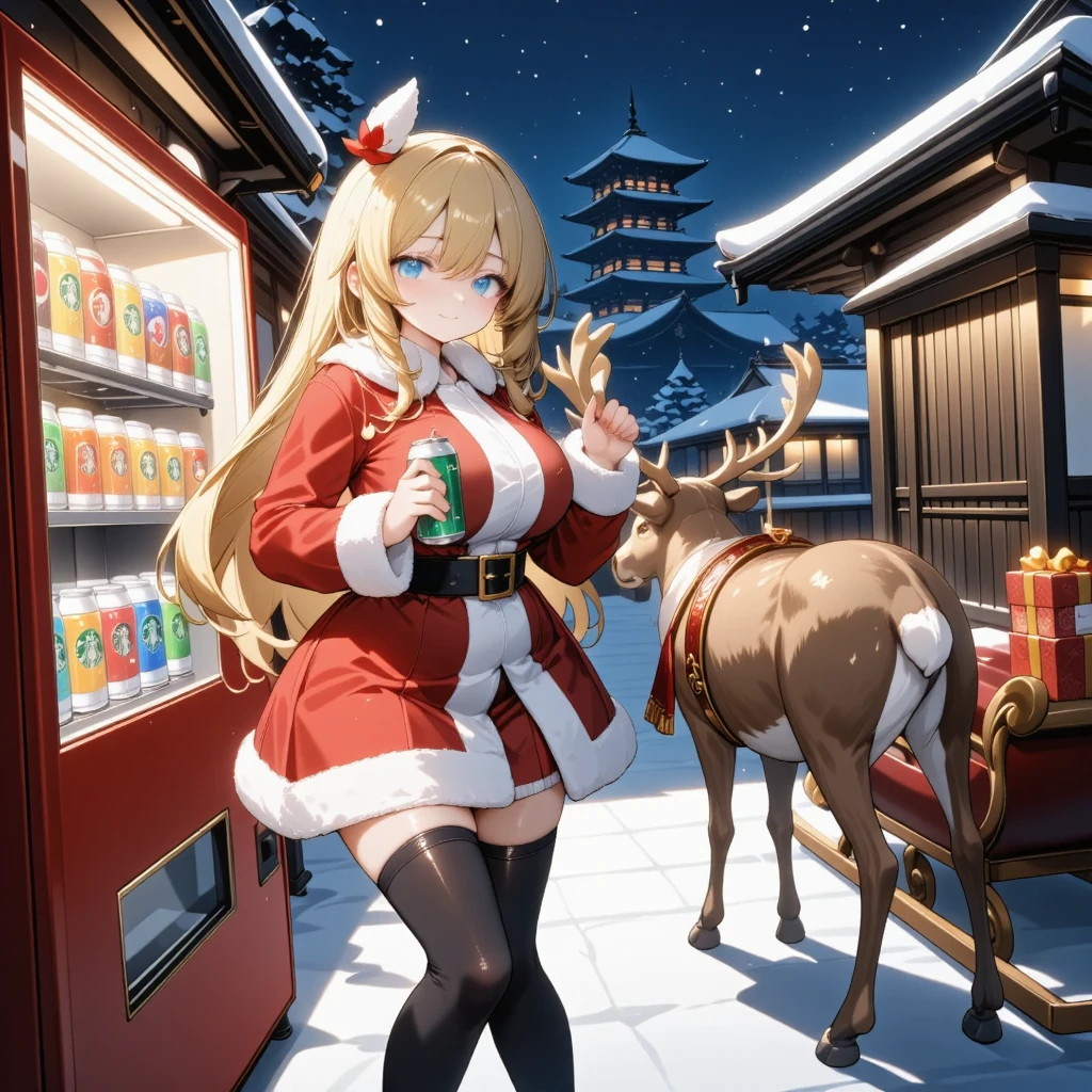 Action:
((A beautiful blonde Santa girl with sparkling blue eyes holds a Starbucks coffee can in her right hand)). The can is clearly detailed with the green and white Starbucks logo, resembling a "Starbucks Doubleshot" can. It features a shiny metallic surface with visible steam rising from the top, indicating it is hot.
Gold-haired Santa Girl:
She stands confidently, slightly smiling, in front of a glowing red vending machine. Her long golden hair flows naturally under the moonlight, and gentle lighting casts soft shadows and highlights on her face for a realistic, three-dimensional effect. She wears:
A short red Santa dress trimmed with fluffy white fur, featuring realistic fabric textures with visible folds.
Black thigh-high stockings with a subtle shine.
Red high heels reflecting the surrounding light.
A red Santa hat with fluffy white fur trim.
Her pose is elegant yet relaxed, emphasizing her playful and charming demeanor.
Vending Machine:
To her left, a glowing red vending machine filled with hot coffee cans and winter drinks emits a warm light. The shelves are lined with colorful cans, and the buttons emit a gentle glow. STARBUCKS coffee is prominently displayed in the front row, and the vending machine’s shiny metallic surface reflects the snowy environment.
Reindeer and Sleigh:
To her right, a realistic reindeer stands calmly with visible fur texture. It is adorned with a festive red harness decorated with golden bells. Attached to the reindeer is a classic red and gold sleigh filled with neatly wrapped presents tied with ribbons. The sleigh runners are lightly frosted with snow, and the light reflects softly off the metal surfaces.
Background (Kyoto at Midnight):
The scene is set on a snowy Kyoto street at midnight. The background includes:
A faint silhouette of a five-story pagoda standing majestically.
Traditional Japanese wooden houses covered in snow, softly illuminated by warm paper lanterns.
Snow gently falling from the night sky, with the air subtl