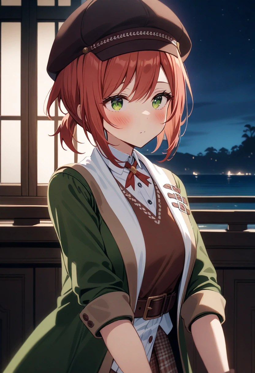 Akari-outfit1,black gloves,brown hat,green eyes,red hair,expressionless, sea,indoors,ornate villa,night,window,cinematic light,masterpiece,best quality,very aesthetic,absurdres,incredibly absurdres,