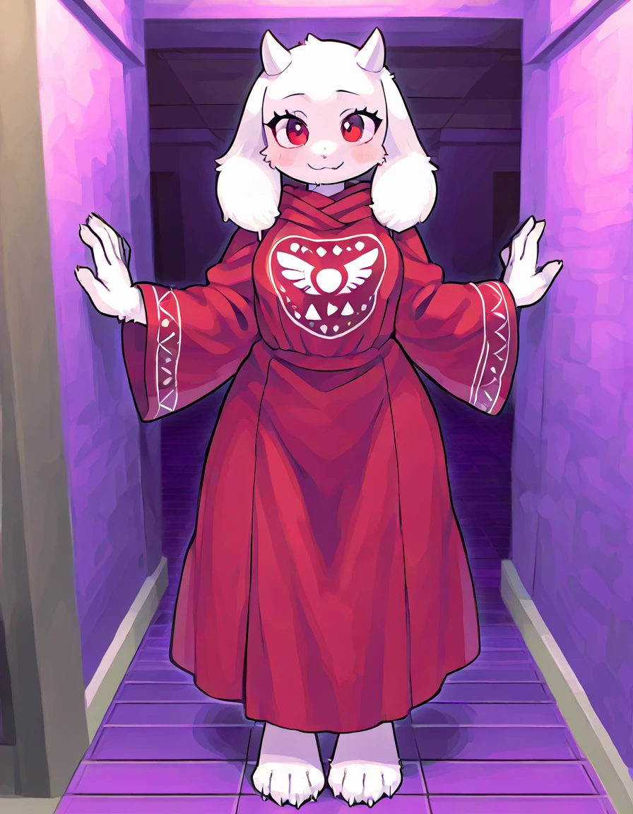 solo female glaceon, standing in the hall, walls of purple bricks, full-body portrait, red eyes, smile, wearing toriel's clothes: violet robe with long white sleeves and with image of runadelta, no shoes, 4 toes