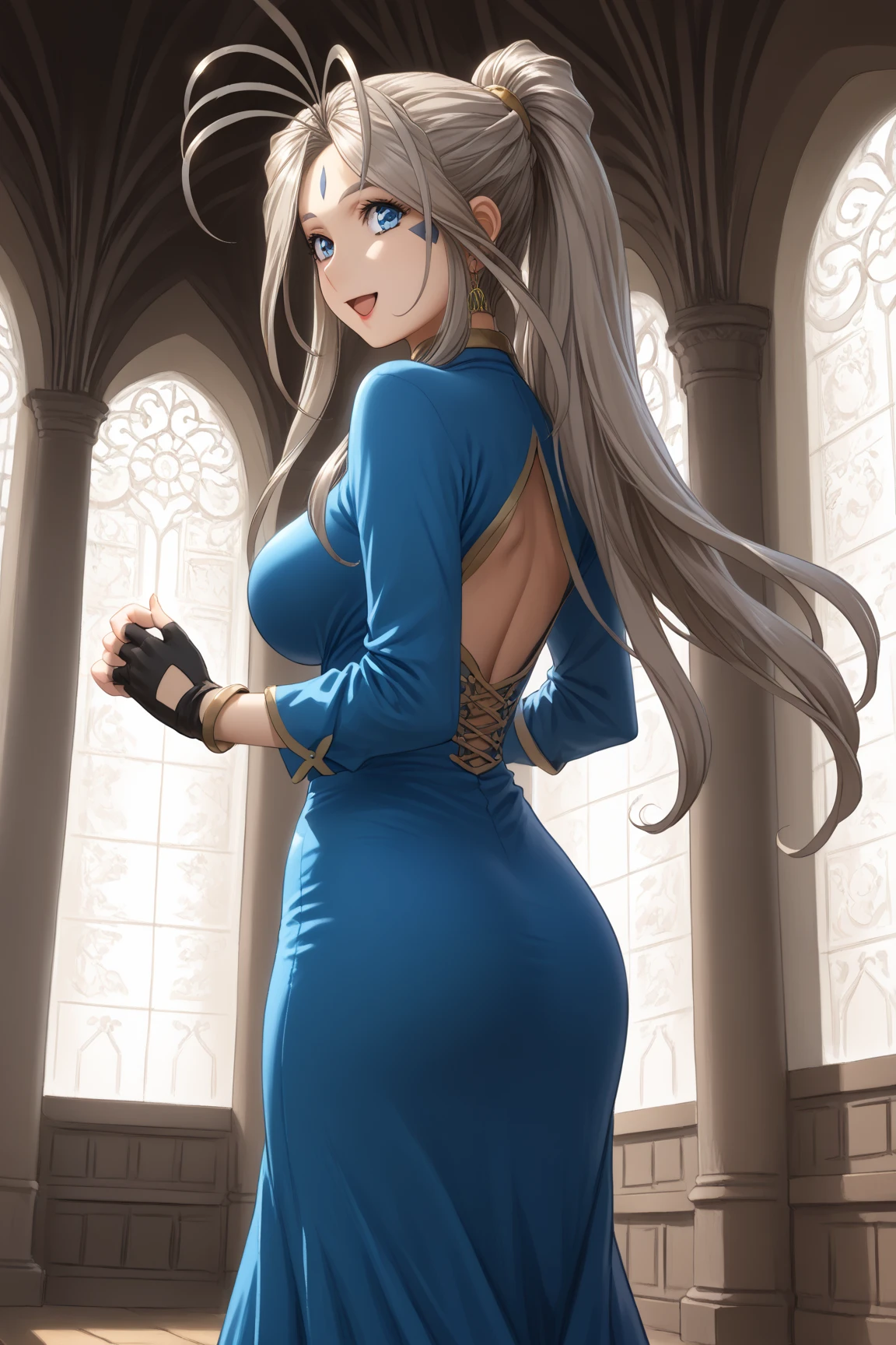 sfw, 1goddess, solo, (priestess, priestess short-neck dress), (short-neck), long sleeves, ((Blue-Trimmed-Dresses, Blue-Trim-clothes)), shiny, shiny white skin, calm smile, open mouth, open palm, arms_down, (glamorous, Curvy body, Slim waist), 
BREAK, Lovebell-SDXL, Belldandy, long ponytail, brown hair, blue eyes, parted lips, gold choker, ((fingerless_blue_short_gloves:1.5)), bracelet, earring, wedding_silver_ring on left_hand_ring_finger, gold anklet, (elegant mature woman), safety, tranquility, 
BREAK, simple background, transparent background, 
BREAK, extreme quality, cg, (detailed eyes,and face), (bright colors), (anime), impact, masterpiece, top tier, extravagant, 8k, unity wallpaper, unreal engine 5, ray tracing, 8k, cinematic, varied depth of field, octane render, tone mapping, hyper focus, detailed hand, 
BREAK, cowboy shot, ((standing)), dynamic angle, ((upright:1.4)), from behind, looking back,