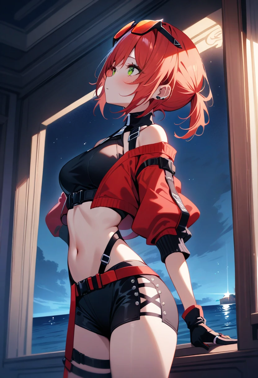 Akari-outfit2,expressionless,green eyes,pupil, sea,indoors,ornate villa,night,window,cinematic light,masterpiece,best quality,very aesthetic,absurdres,incredibly absurdres,