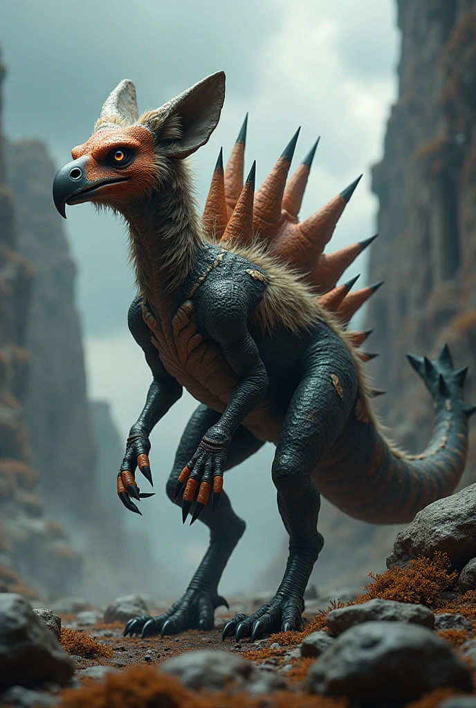 a chimera of a vulture, fox and stegosaurus