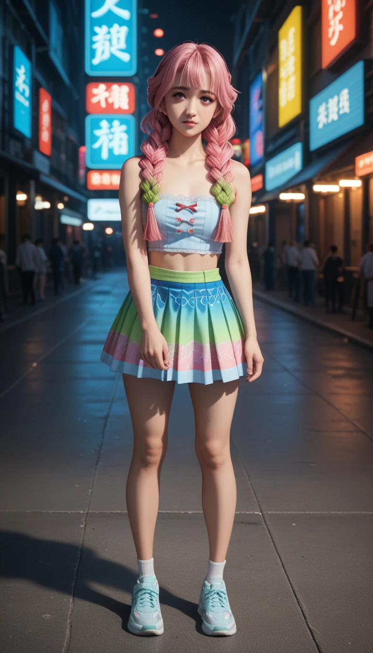        a detailed and beautiful portrait of a 16-year-old Japanese girl ,     big boobs, with healthy appearance , sexy expression,       tight clothes  , Bold pose,       detailed embroidery      ,  belly out , Tube top,     high quality, 8k,       realistic photo    ,      dramatic lighting ,       vivid colors      ,(      masterpiece      ,        top quality      ,  :1.2),  (      cyberpunk urban scene illuminated by neon lights      ), (Alone:1.4), (        Elegant and cool     ),       Bright neon details       :1.3), (    serious expression      :1.1) ,        Confident and relaxed poses         :1.3),       holographic tight skirt for outdoor use       , (      dynamic lighting      ,   Strong contrast, bare arms, happiness, sexy clothes,     sexy lingerie    ,      full body,    Mitsuri Kanroji,    character clothing style    ,  character visual style  ,  She has a lot of time,  light pink hair that transforms to lime green in half  ,   that she wears in three thick braids  .  She has five shorter ,  irregular tufts hanging over her face like a voluminous fringe ,   The tips are lime green too  ,   uniform pattern of Demon Exterminator along with a simple white haori school skirt
