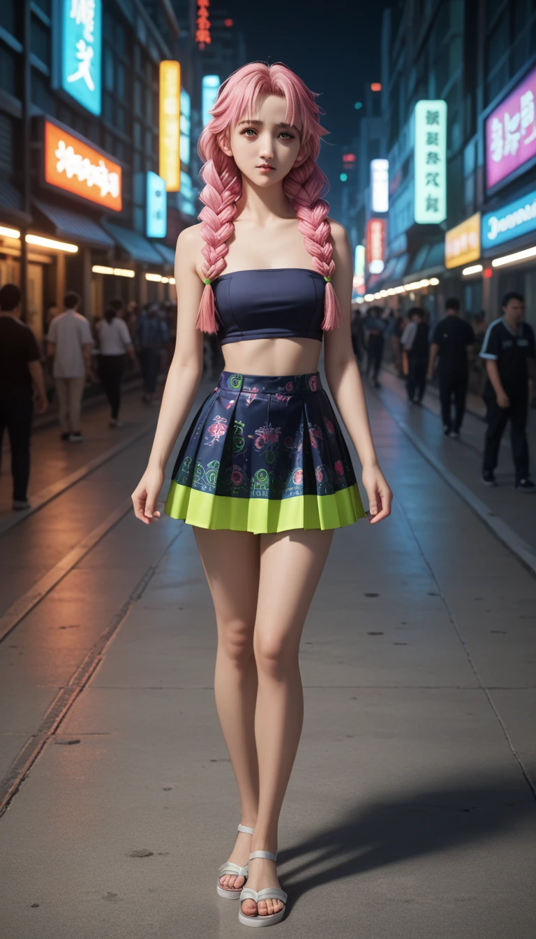        a detailed and beautiful portrait of a 16-year-old Japanese girl ,     big boobs, with healthy appearance , sexy expression,       tight clothes  , Bold pose,       detailed embroidery      ,  belly out , Tube top,     high quality, 8k,       realistic photo    ,      dramatic lighting ,       vivid colors      ,(      masterpiece      ,        top quality      ,  :1.2),  (      cyberpunk urban scene illuminated by neon lights      ), (Alone:1.4), (        Elegant and cool     ),       Bright neon details       :1.3), (    serious expression      :1.1) ,        Confident and relaxed poses         :1.3),       holographic tight skirt for outdoor use       , (      dynamic lighting      ,   Strong contrast, bare arms, happiness, sexy clothes,     sexy lingerie    ,      full body,    Mitsuri Kanroji,    character clothing style    ,  character visual style  ,  She has a lot of time,  light pink hair that transforms to lime green in half  ,   that she wears in three thick braids  .  She has five shorter ,  irregular tufts hanging over her face like a voluminous fringe ,   The tips are lime green too  ,   uniform pattern of Demon Exterminator along with a simple white haori school skirt
