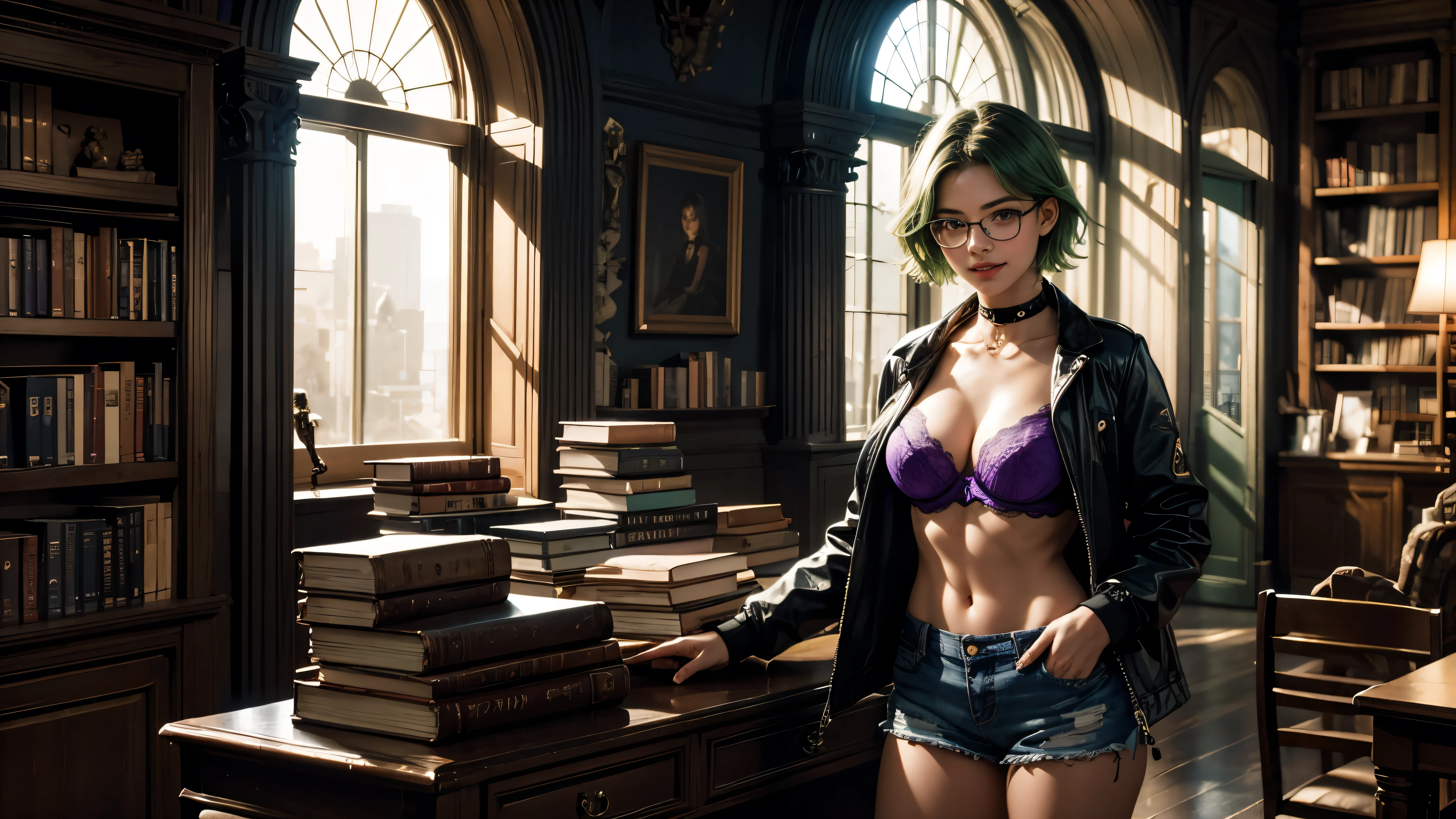 ((1girl)), one beautiful girl, detailed beautiful hair, detailed beautiful eyes, short pink hair, small breasts, glasses, loose unzipped leather jacket, pink bra, jean shorts, bookstore, bookcases, books, open door, open window, evening, nighttime, standing, dramatic pose, cowboy shot, cinematic lighting, dramatic lighting,