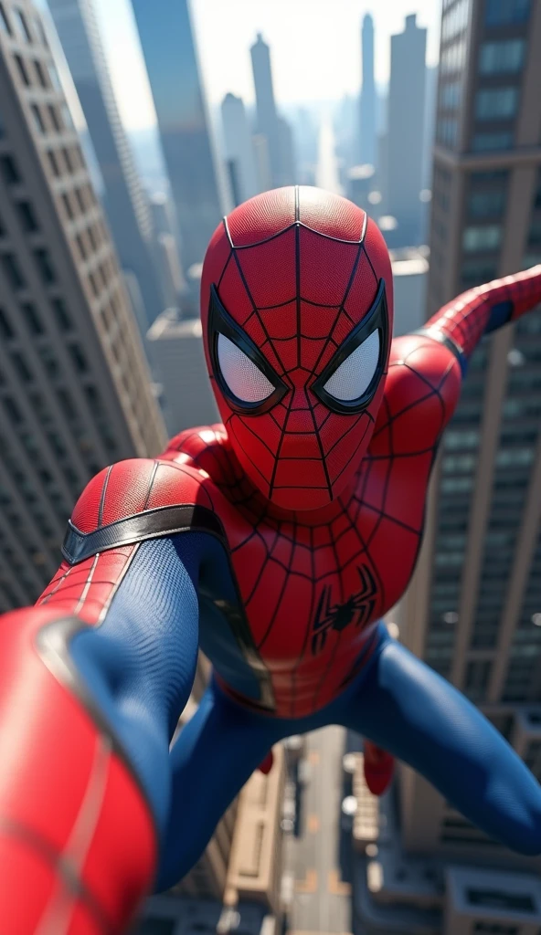 Marvel movies,full body,photo of a 18 year old girl,spiderman,diving from the sky,happy,laughing,ray tracing,detail shadow,shot on Fujifilm X-T4,85mm f1.2,sharp focus,depth of field,blurry background,bokeh,lens flare,motion blur,<lora:add_detail:1>,