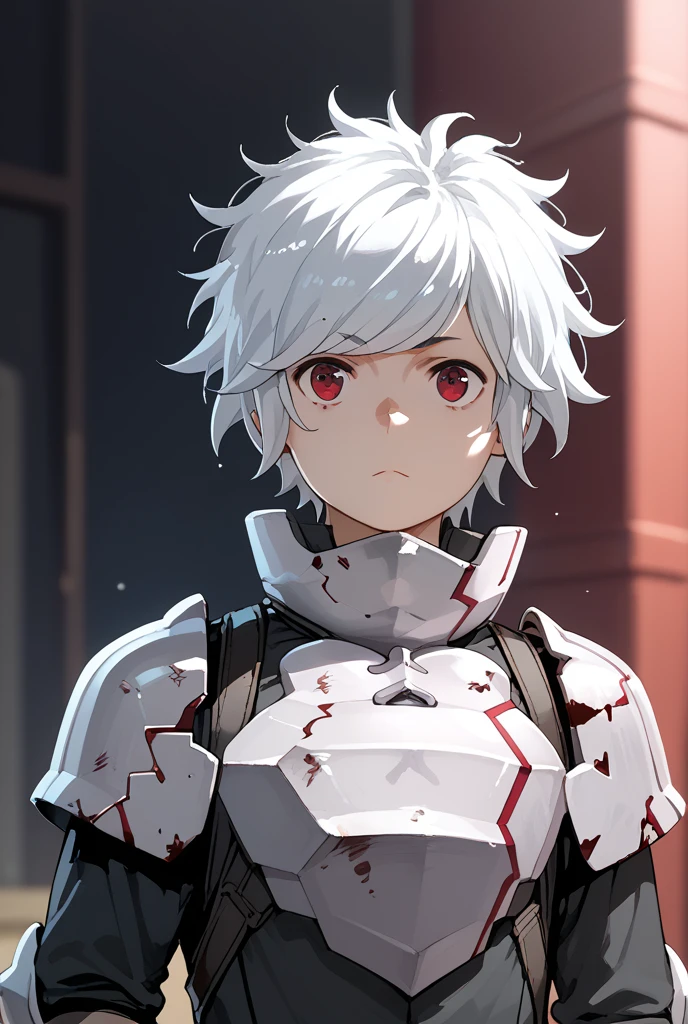 White hair boy, red eyes, messy hair, short hair, wearing medival armour 