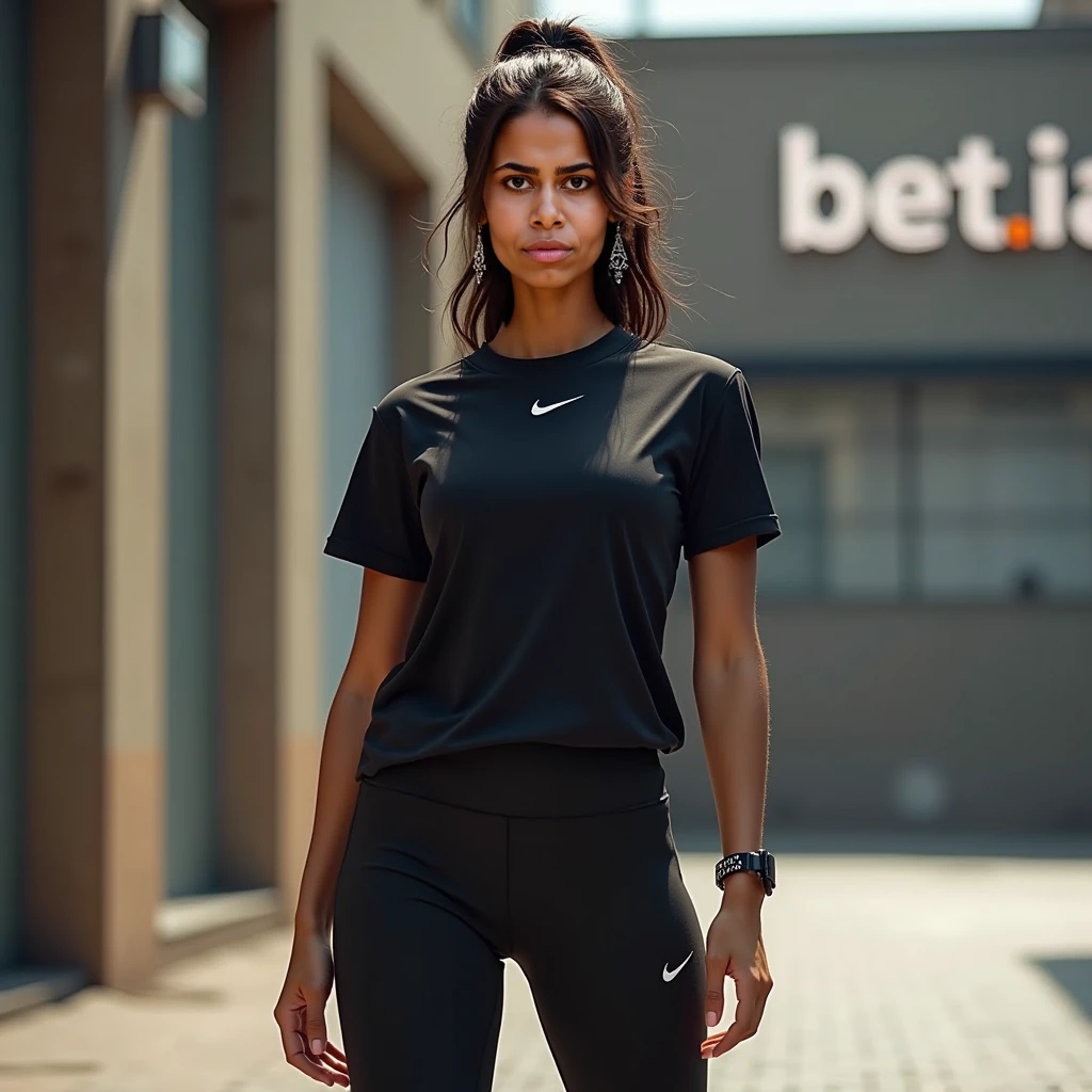 beautiful ebony african girl with black dark skin, black long hair, runner, red leggings, red tight t-shirt