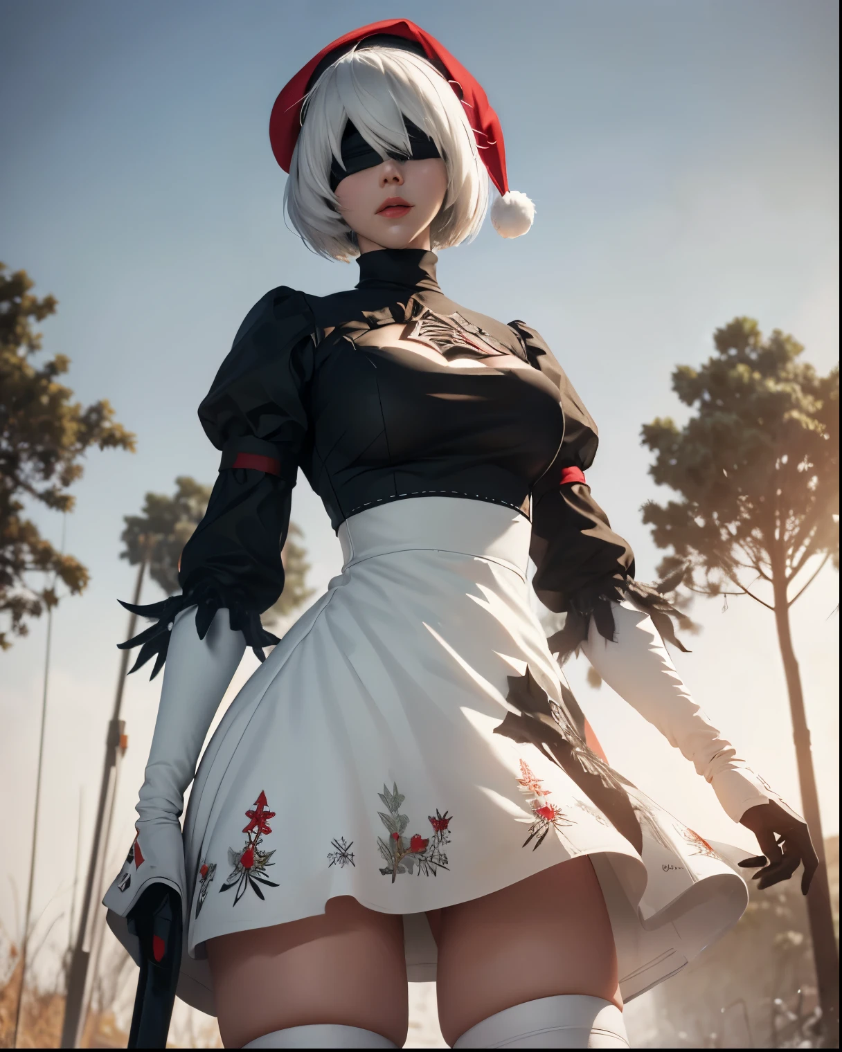 2B (Nier:Automata) wearing a sexy short and tight red dress with white embroidery, with a Santa Claus hat, long legs, standing on a white room, white pale skin, perfect body, big red lips, (eyes covered with a black band), white forest and a Christmas forest background, best illumination, intricate, photorealistic, ultra HD, 16k.