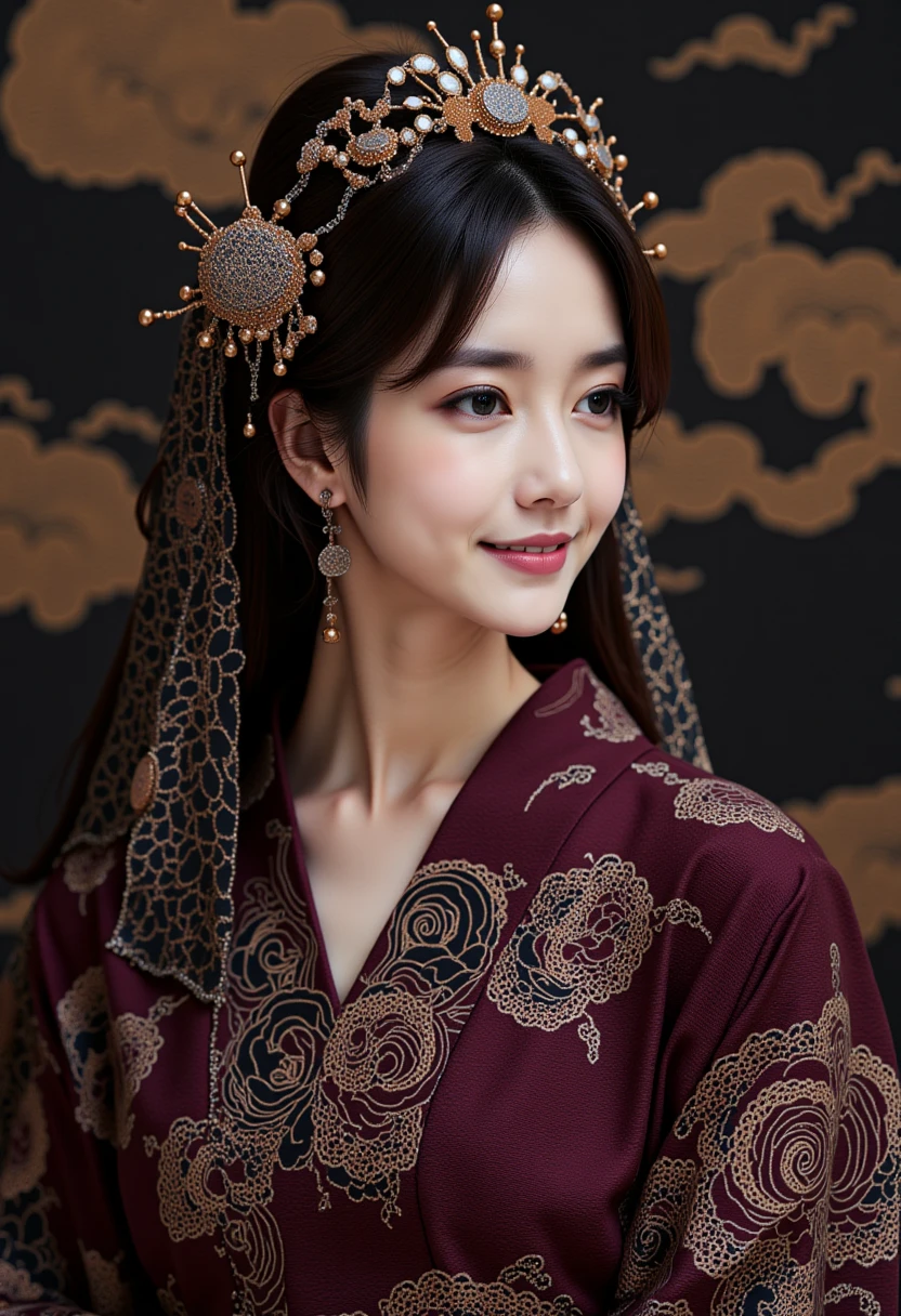 A stunning portrait of a beautiful japanese woman.half body-shot,She wears a wine red kimno-like dress with black and white cloud patterns and on it and a dark-blue transparent oversized veil that has vivid and intricate golden Japanese embroidery and pattern ,pulled deeply over her head the veil background : black serene simple-wall with artistic japanese patter and light-effects on it.

she is gently smiling with tilted head.