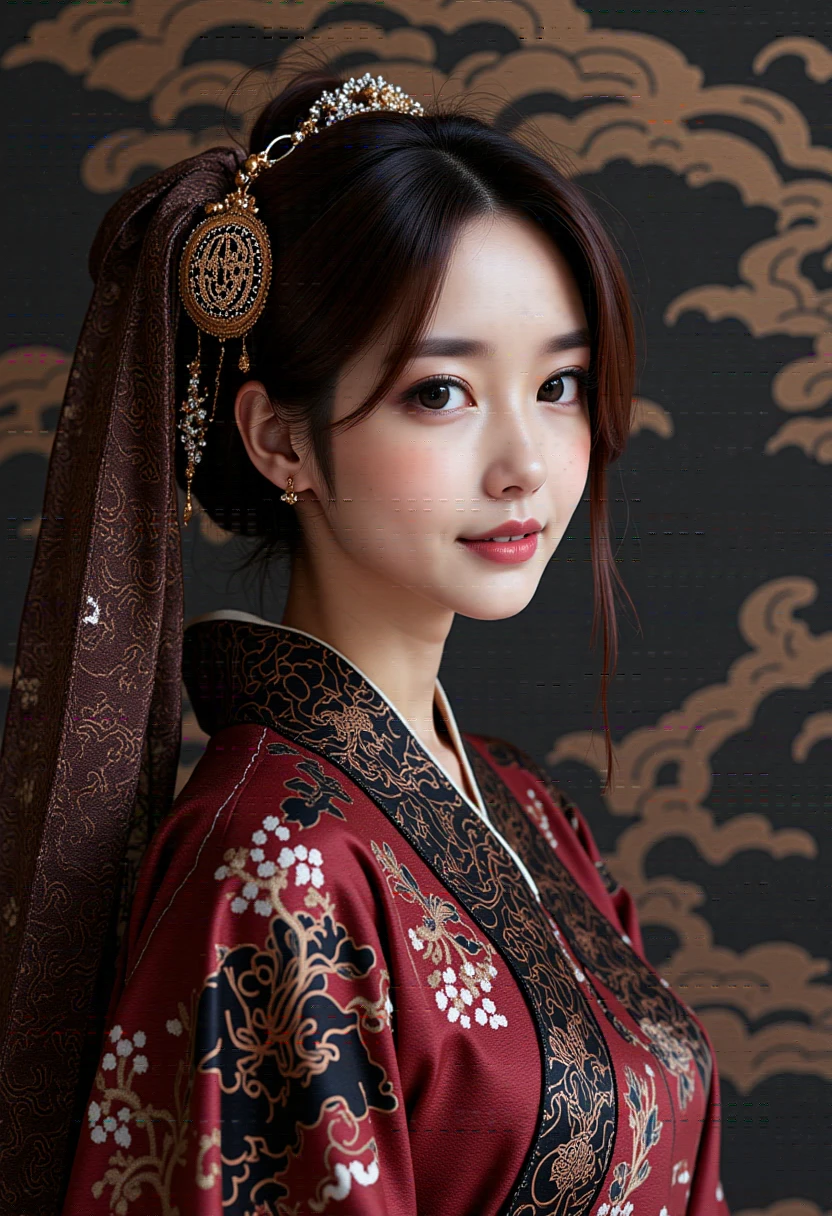 A stunning portrait of a beautiful japanese woman.half body-shot,She wears a wine red kimno-like dress with black and white cloud patterns and on it and a dark-blue transparent oversized veil that has vivid and intricate golden Japanese embroidery and pattern ,pulled deeply over her head the veil background : black serene simple-wall with artistic japanese patter and light-effects on it.

she is gently smiling with tilted head.