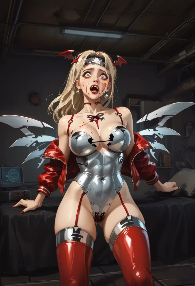  American plane,  blonde vampire girl ((detallada)),  scared , Ojos rojos (detailed), Has a headband,  futuristic armor ,  vampire cyberpunk , corset armor ,  dystopic future , Vampire wings ,  blood on her face, lost look ,  dark cyberpunk background , big breasts not exaggerated,  lighting light dark, mysterious