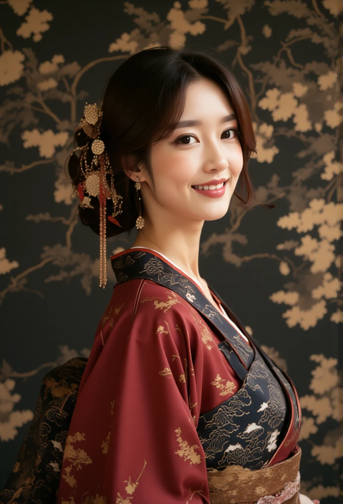 A stunning portrait of a beautiful japanese woman.half body-shot,She wears a wine red kimno-like dress with black and white cloud patterns and on it and a dark-blue transparent oversized veil that has vivid and intricate golden Japanese embroidery and pattern ,pulled deeply over her head the veil background : black serene simple-wall with artistic japanese patter and light-effects on it.

she is gently smiling with tilted head.