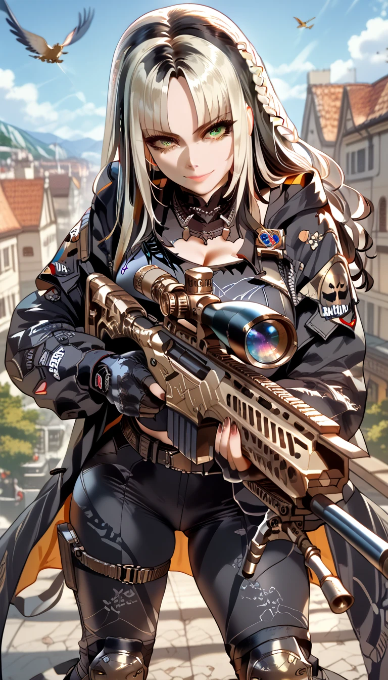 ultra-detailed, 1girl, solo, KJOniko, (masterpiece)), (best quality), (highres), 16K,londe hair, green eyes, streaked hair, long hair, parted bangs, single braid, wearing tactical clothes, tactical belt, black panties, knee pads, busty body, large breasts and a beautiful ass, showcasing cleavage, legs, hips, (holding Sniper Rifle), looking at viewer, detailed face, smile, detailed hair, detailed full body, rooftop background