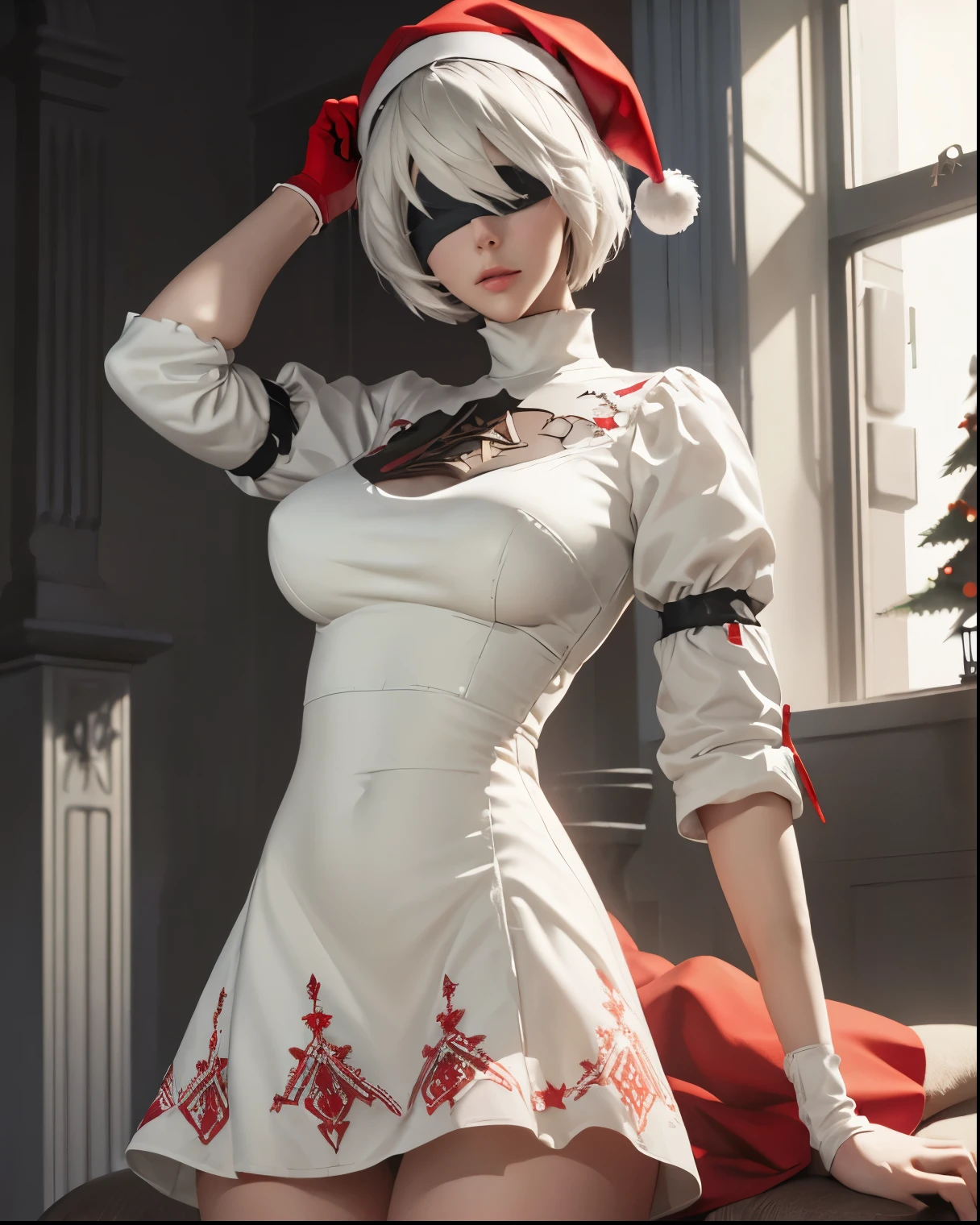 2B (Nier:Automata) wearing a sexy short and tight red dress with white embroidery, with a Santa Claus hat, long legs, standing on a white room, white pale skin, perfect body, big red lips, (eyes covered with a black band), white room and a Christmas tree background, best illumination, intricate, photorealistic, ultra HD, 16k.