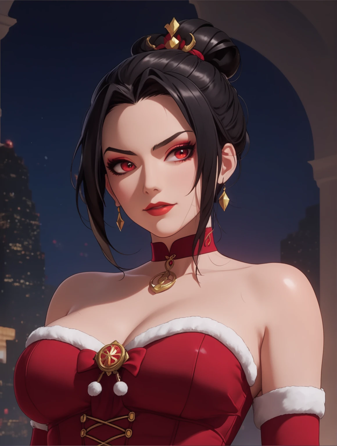 Arte detalhado, Nyotengu de Dead or Alive, personagem estilo Tekken, Ires dos olhos roxos claro e brilhantes, Manga Art Style, colorido, cores vivas, ires dos olhos roxo claro e brilhantes, batom preto, olhar cativante, de top e legging, Christmas tree in the background and Christmas decorations