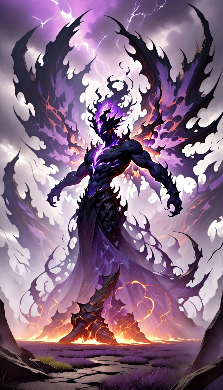 
"A ferocious Ifrit, a towering figure of molten fury and raw power, stands ablaze with intense purple flames that dance and crackle across his body. His muscular frame is sculpted from the very essence of fire, his skin glowing with an ethereal, fiery hue, while dark, jagged obsidian-like cracks run across his torso, pulsing with vibrant violet energy. His eyes, glowing like two burning coals, radiate pure rage and untamed strength. His massive, clawed hands crackle with purple fire, ready to unleash destruction upon anything that dares approach. A mane of flames erupts from his head and shoulders, flickering in all directions like a crown of violet fire, adding to his terrifying and majestic presence. His enormous, glowing wings stretch outwards, made of molten fire and shadow, the edges flickering with purple infernos. The ground around him is scorched and cracked, glowing with the heat of his presence, as the sky above darkens with swirling, ominous storm clouds. The entire scene is bathed in the eerie, purple glow of his flames, radiating power and chaos, embodying the unstoppable force of an elemental god."