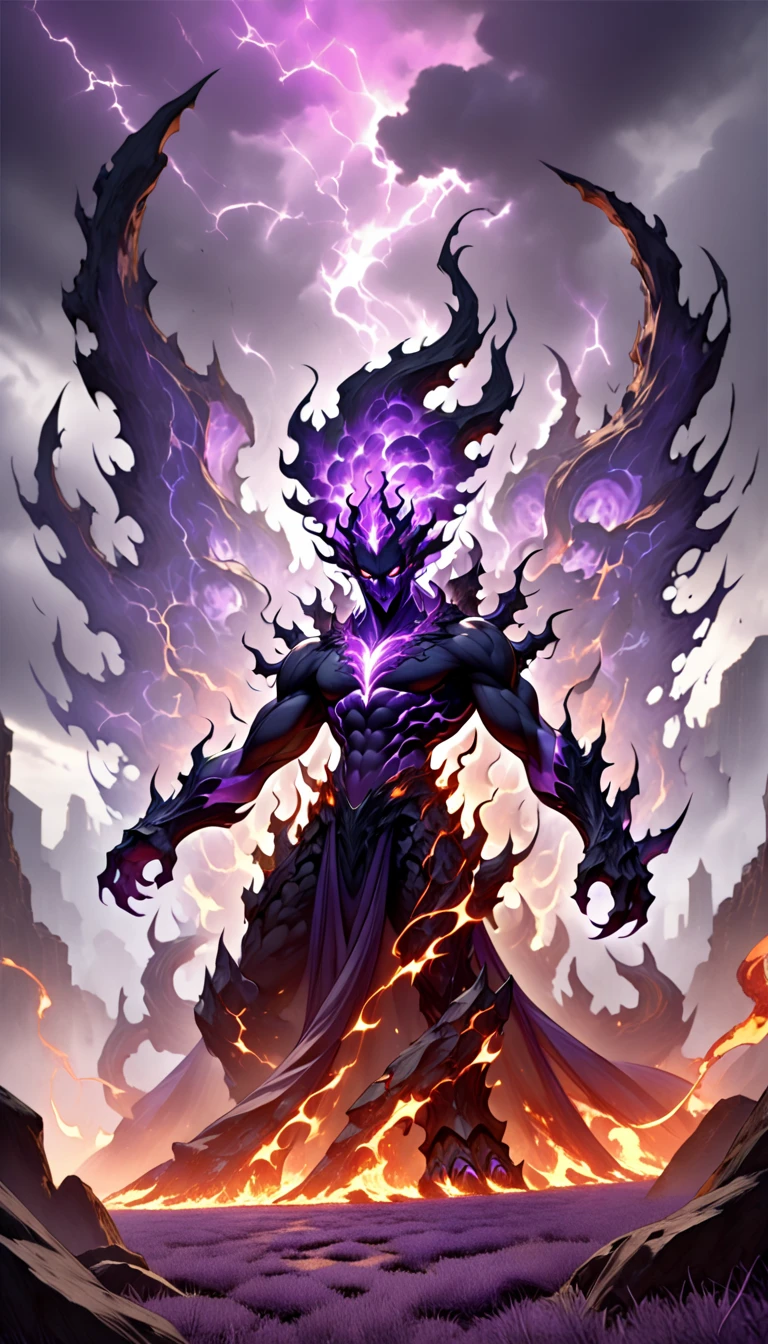 
"A ferocious Ifrit, a towering figure of molten fury and raw power, stands ablaze with intense purple flames that dance and crackle across his body. His muscular frame is sculpted from the very essence of fire, his skin glowing with an ethereal, fiery hue, while dark, jagged obsidian-like cracks run across his torso, pulsing with vibrant violet energy. His eyes, glowing like two burning coals, radiate pure rage and untamed strength. His massive, clawed hands crackle with purple fire, ready to unleash destruction upon anything that dares approach. A mane of flames erupts from his head and shoulders, flickering in all directions like a crown of violet fire, adding to his terrifying and majestic presence. His enormous, glowing wings stretch outwards, made of molten fire and shadow, the edges flickering with purple infernos. The ground around him is scorched and cracked, glowing with the heat of his presence, as the sky above darkens with swirling, ominous storm clouds. The entire scene is bathed in the eerie, purple glow of his flames, radiating power and chaos, embodying the unstoppable force of an elemental god."