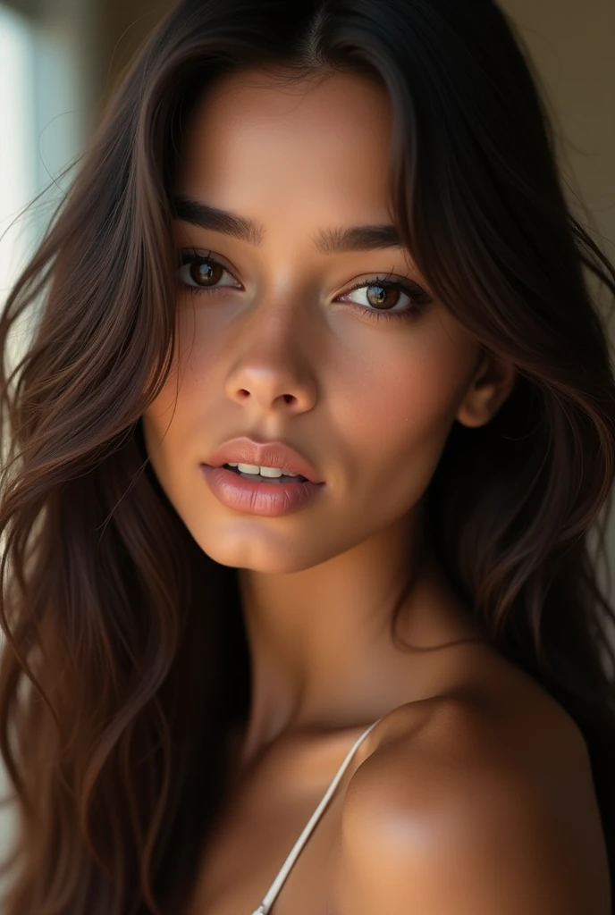 Realistic portrait of a beautiful 1 girl with Latin features, Lightly tanned white skin with a beautiful tan tone, Brown eyes, long dark hair. delicate facial features, Thin and thin lips with realistic texture, beautiful girl model body. regular well formed tits, detailed facial features. ultra realism, maximum resolution, masterpiece. extremely detailed skin, professional photography. white background in professional studio, Professional lighting that highlights the details, pores and skin textures.