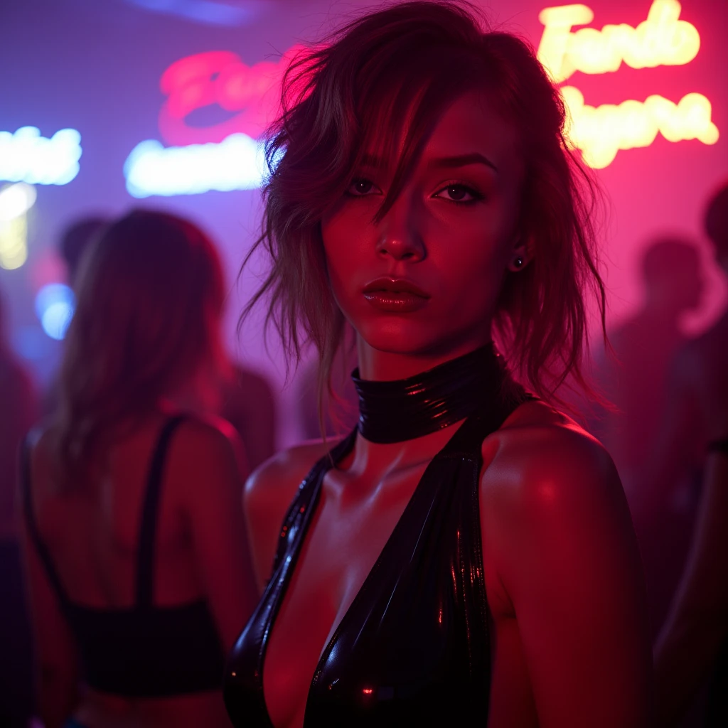 portrait of taylor, she is wearing shiny red lip gloss, looking directly at the viewer, she is wearing a latex cyberpunk outfit, she is standing in a nightclub, the room is brightly lit with neon lights,