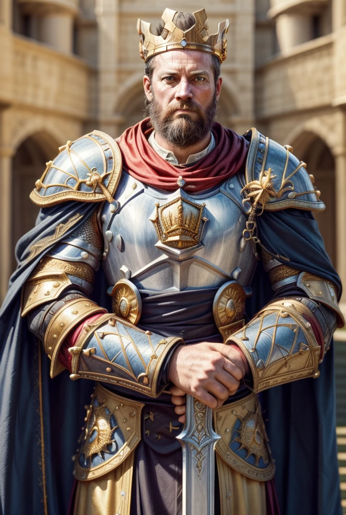 (a portrait of a king with a crown, male), fantasy style, illustration, male, (best quality,4k,8k,highres,masterpiece:1.2),ultra-detailed, natural lighting, dramatic shadows,majestic,ornate crown,flowing cape,piercing eyes,angular facial features,intricate armor,medieval,fantasy landscape background,dramatic colors,rich textures,volumetric lighting, imponent, (front view, looking at the viewer, 40 years old man, man:1.3, imponent, fearless, strong, beard, 85kg weight), a long sword in front on his chest, black hair, castle room, king arthur armor, plate armor, (epicarmor2024)
