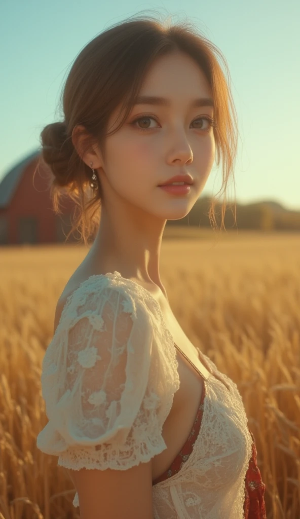 1 woman, 20 years old, Tall and attractive, Wearing a cute country dress,  pigtails ,  with a rural farm in the background . She is soft, She has a gentle smile and expressive eyes.. In the background is a charming barn,  Golden wheat fields and clear blue skies. The composition must be immersed in the warm golden light of the hour. ,   and emphasize idyllic serenity with smooth depth of field and soft bokeh..  The image is captured as if it were taken on vintage 35mm film to add grandeur  , movie,